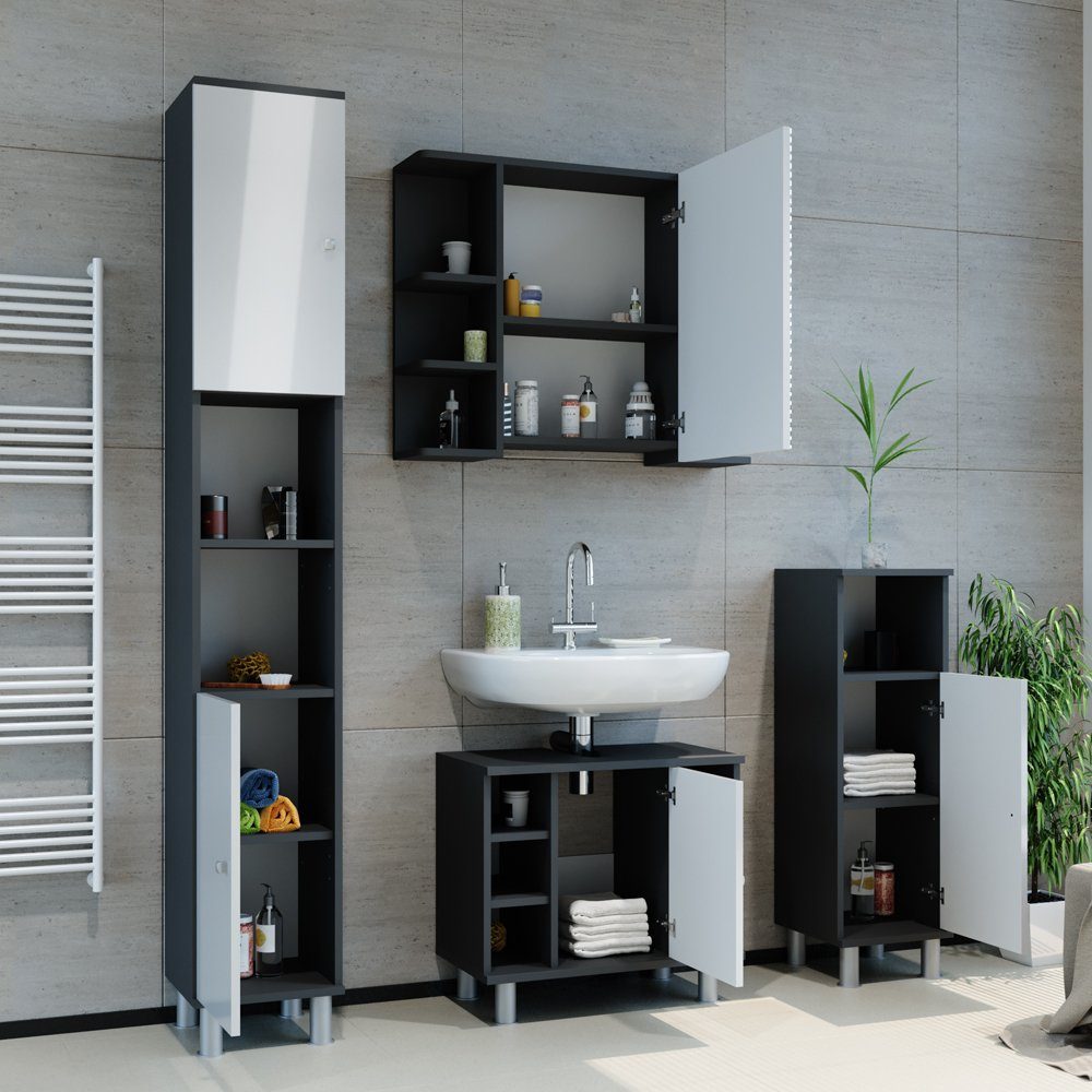 Vicco Badmöbel-Set Badezimmerset FYNN Anthrazit Weiß Set 4, (4-er Set, 4-St., 4-er Set)