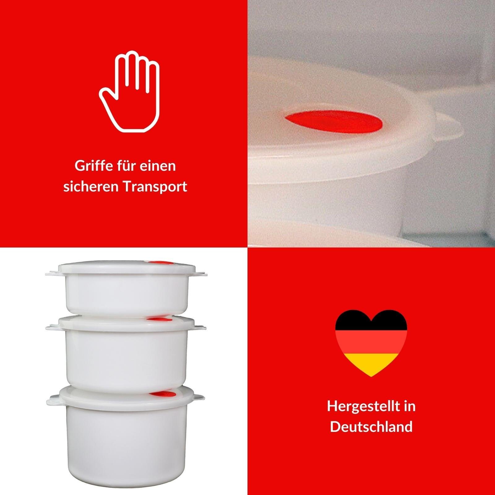 Plentyfy Mikrowellenbehälter Frischhaltedose rund 2 Liter mit Motiv und Dampfventil, Kunststoff, (Kasserolle 2 L rund BLUME mit Dampfventil ROT Mikrowellen-Geschirr, Premium), Meal Prep Boxen - Mikrowellengeschirr mit Deckel
