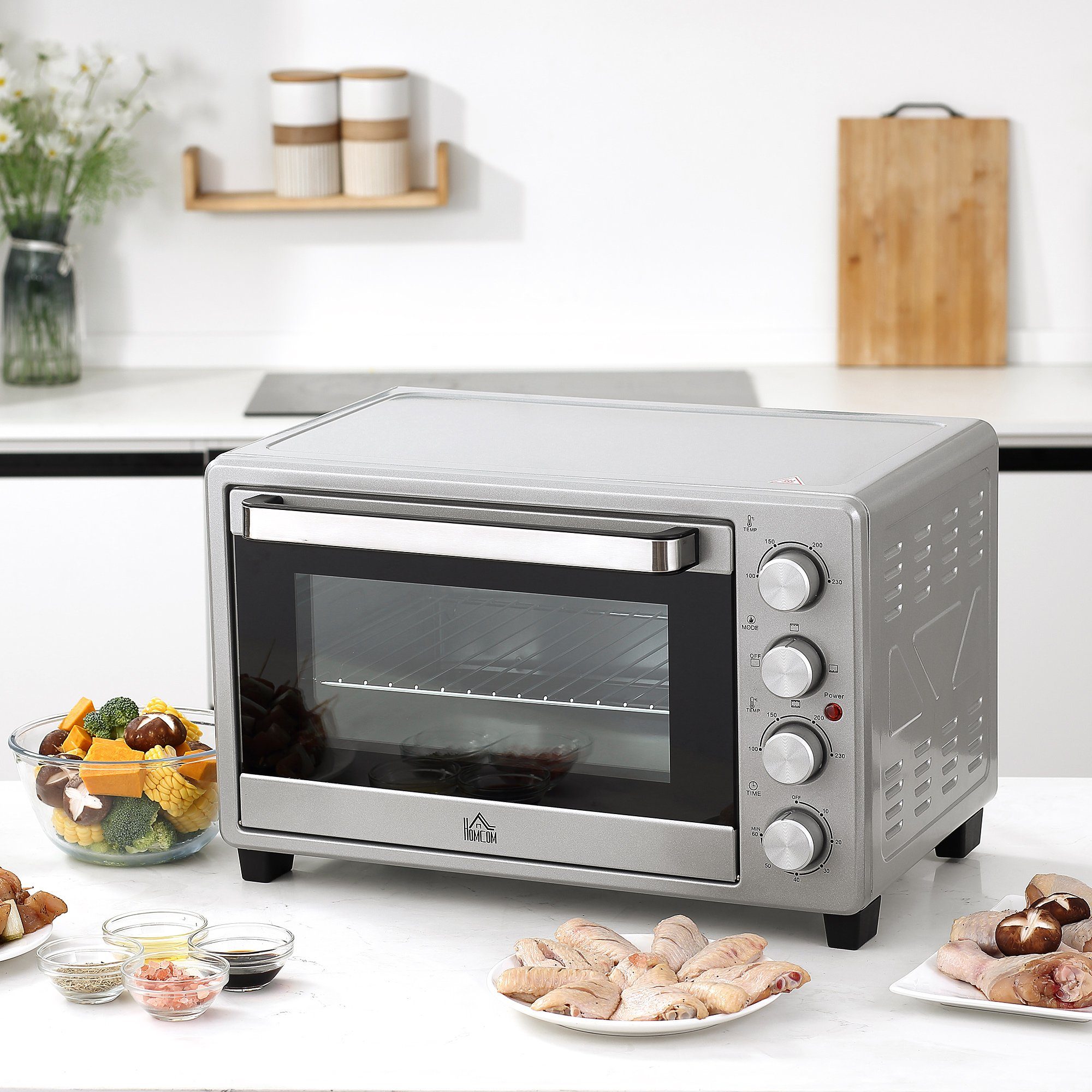 HOMCOM Minibackofen Minibackofen, 32L Elektrischer Mini Ofen Drei Stufen Silber