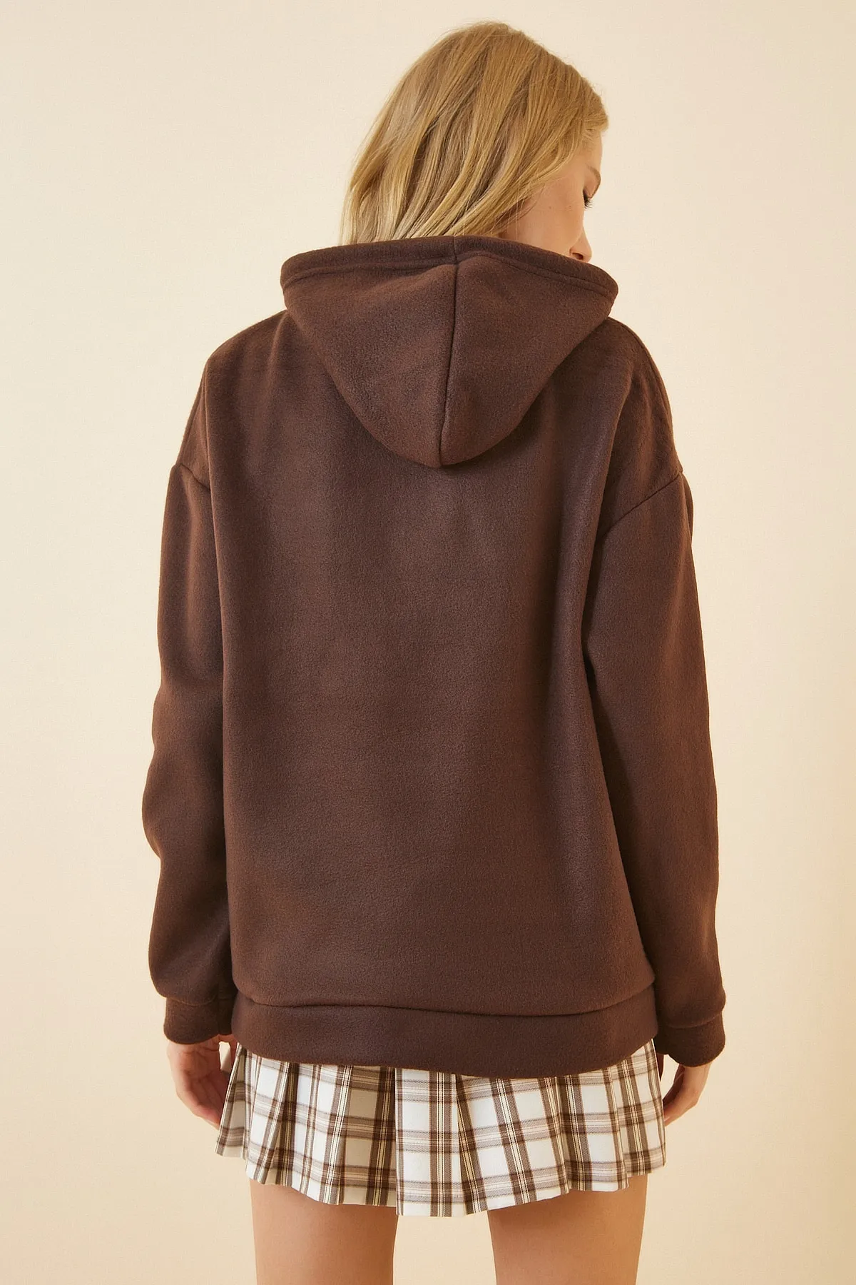 Happiness İstanbul  Braunes Winter-Fleece-Sweatshirt mit Kapuze für Damen ZV00047