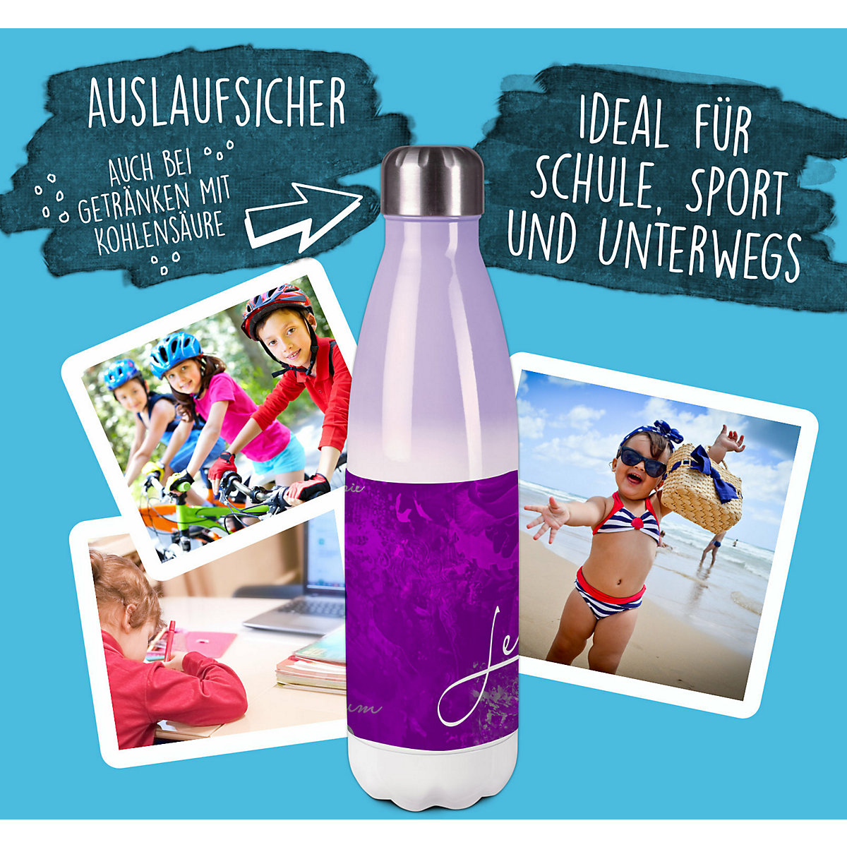 Edelstahl Kinder Thermoflasche / Trinkflasche bunt Traum Farbe lila Spülmaschinenfest, Auslaufsicher, Bruchfest, Doppelwandig, Für Heißgetränke geeignet, Mit Deckel, Isoliert