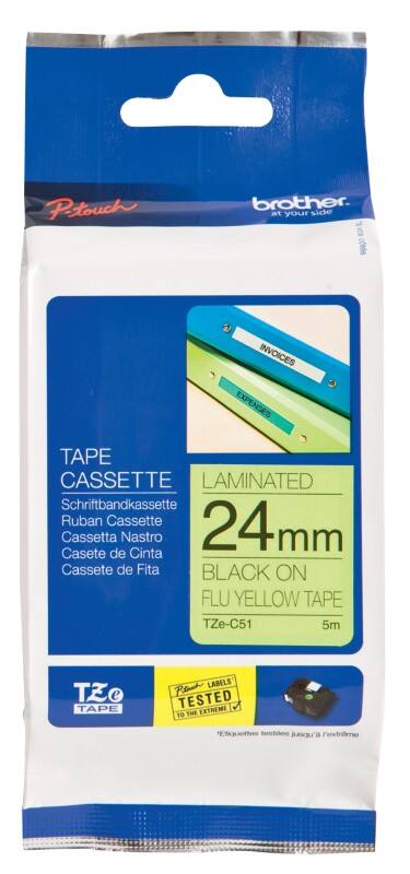 Brother TZe-C51 Authentic Floureszierend Schriftband Selbstklebend Schwarzer Druck auf Gelb 24 mm x 5m