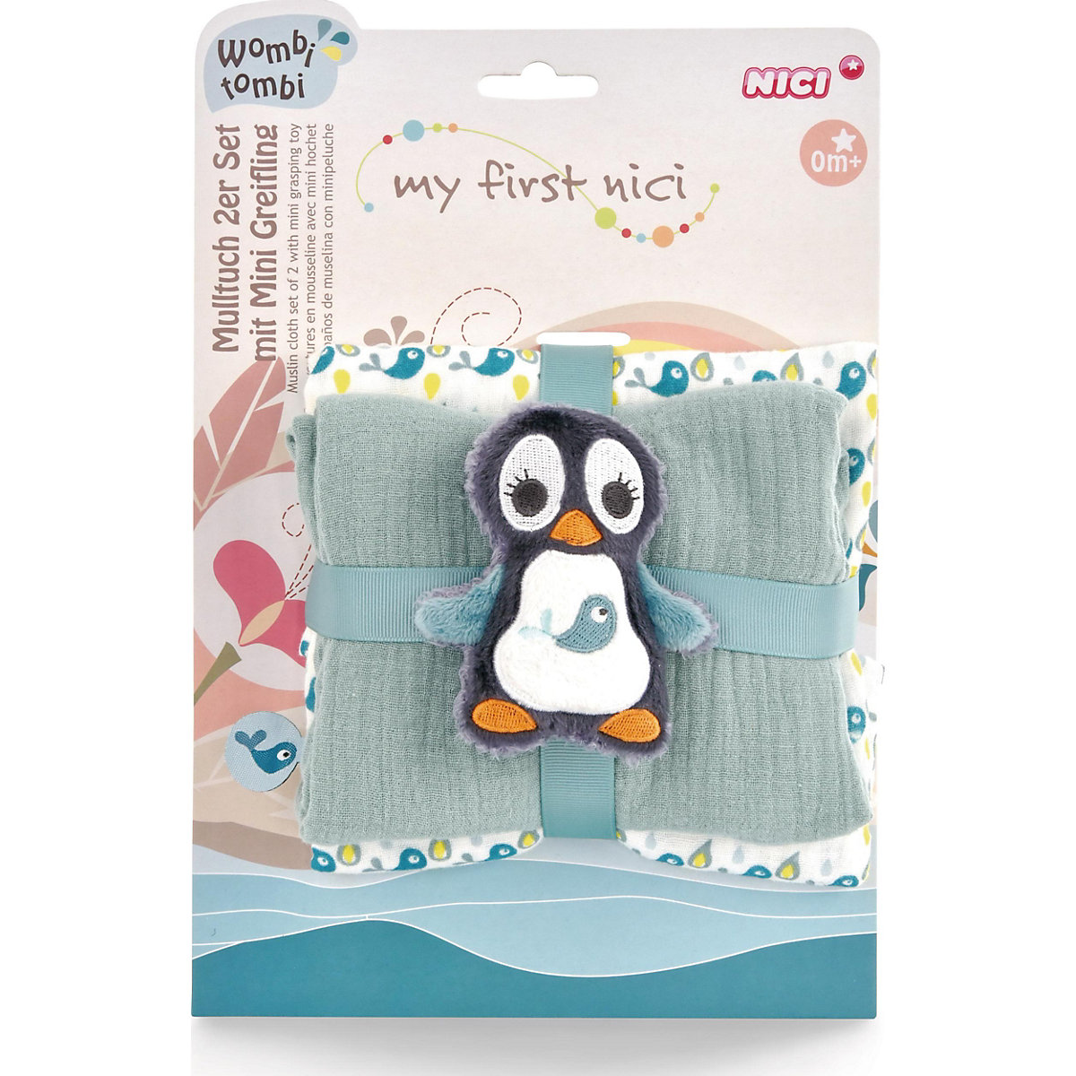 Mulltuch 2er-Set 60x60 cm mit Greifling Pinguin Watschili (48048)