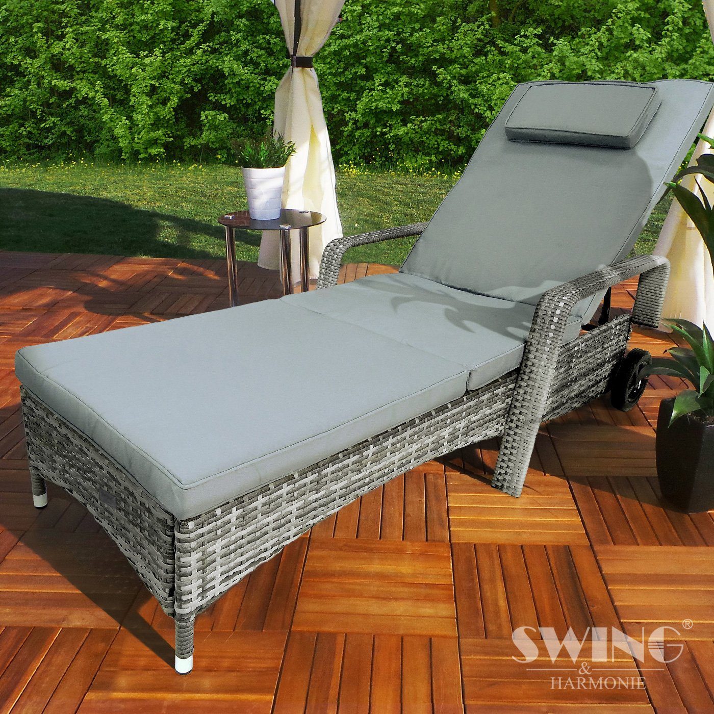 Swing&Harmonie Gartenliege Polyrattan Garten Liege Rattan Sonnenliege mit Räder, inkl. Auflagen und Nackenkissen - rollbar