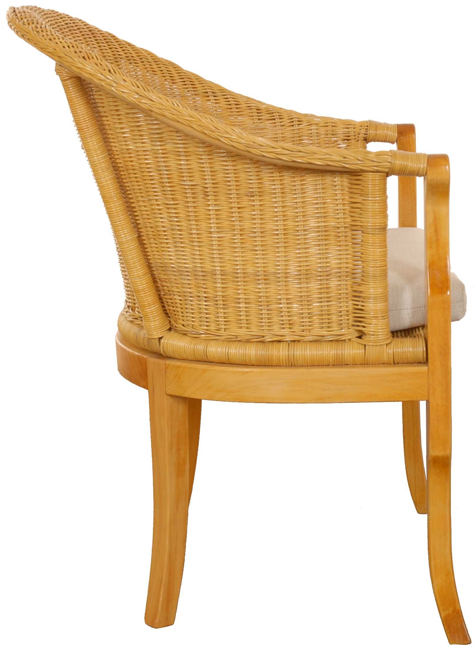 Krines Home Relaxsessel Rattan-Sessel mit Holzbeinen, Sessel aus echtem Rattan- mit Polster, Rattanstuhl, Clubsessel