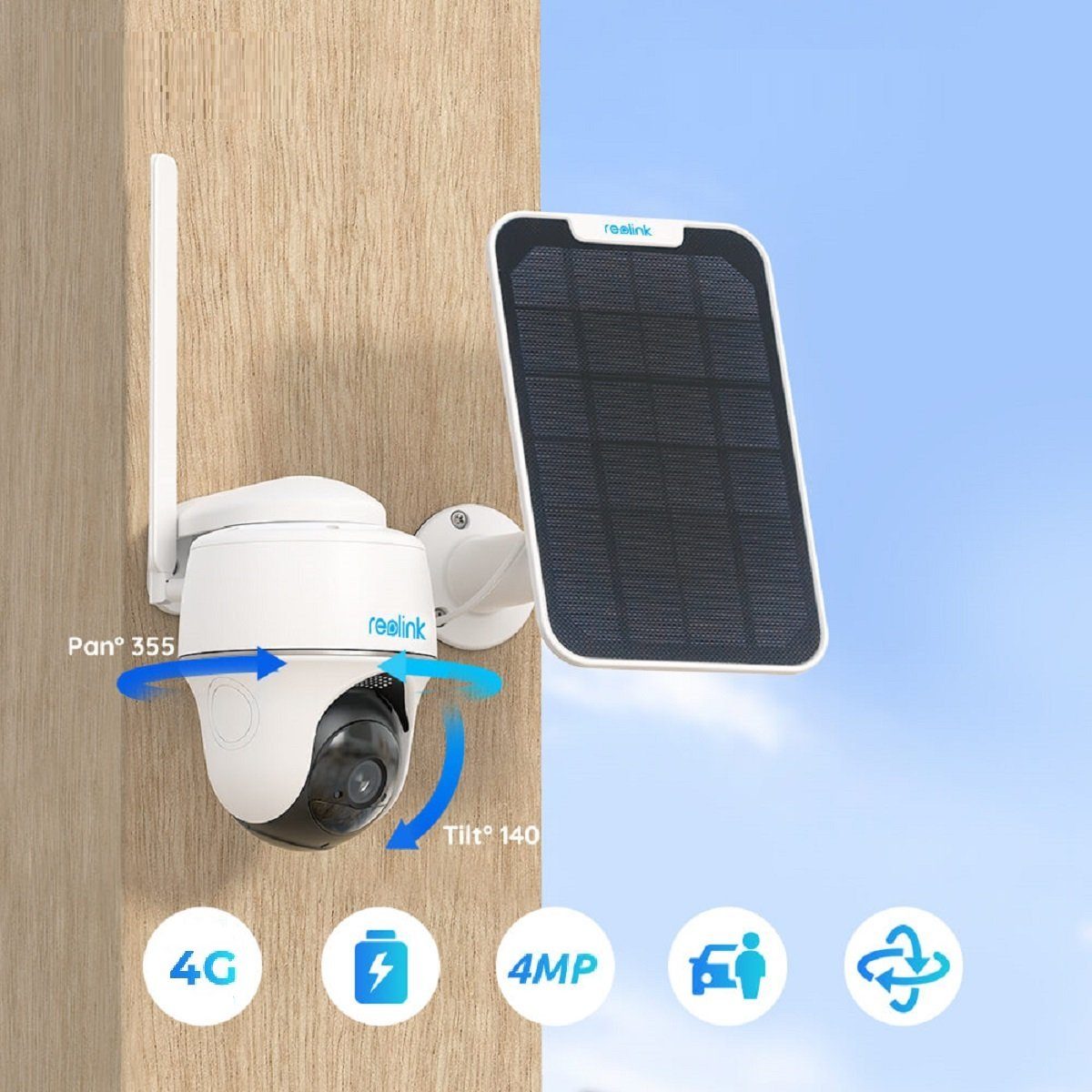 Reolink Go PT Plus+Solarpanel 4MP 3G/4G LTE 355°/140° Schwenkbare PTZ Akku Überwachungskamera (Außenbereich, Wald, Farm, Campingbus, Straße, 1-tlg., mit 32GB SD-Karte, mit SIM-Kartenslot+32GB SD Karte,Intelligenter Erkennung,IR-Nachtsicht)