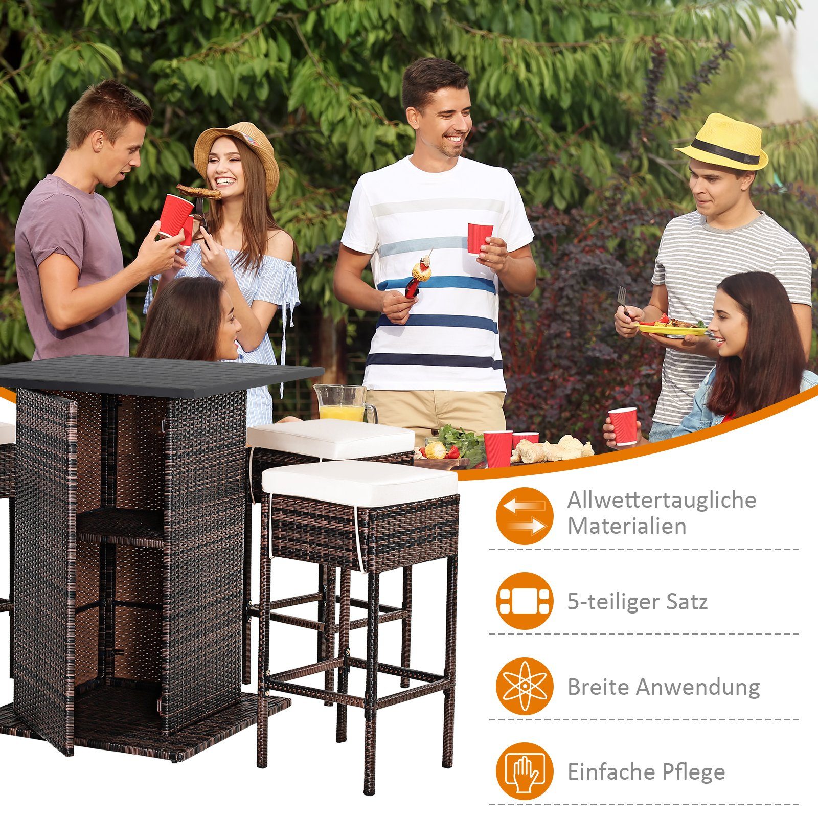 COSTWAY Gartenbar-Set, 5-tlg, Rattan, Tisch mit Stauraum&4 Hockern mit Kissen