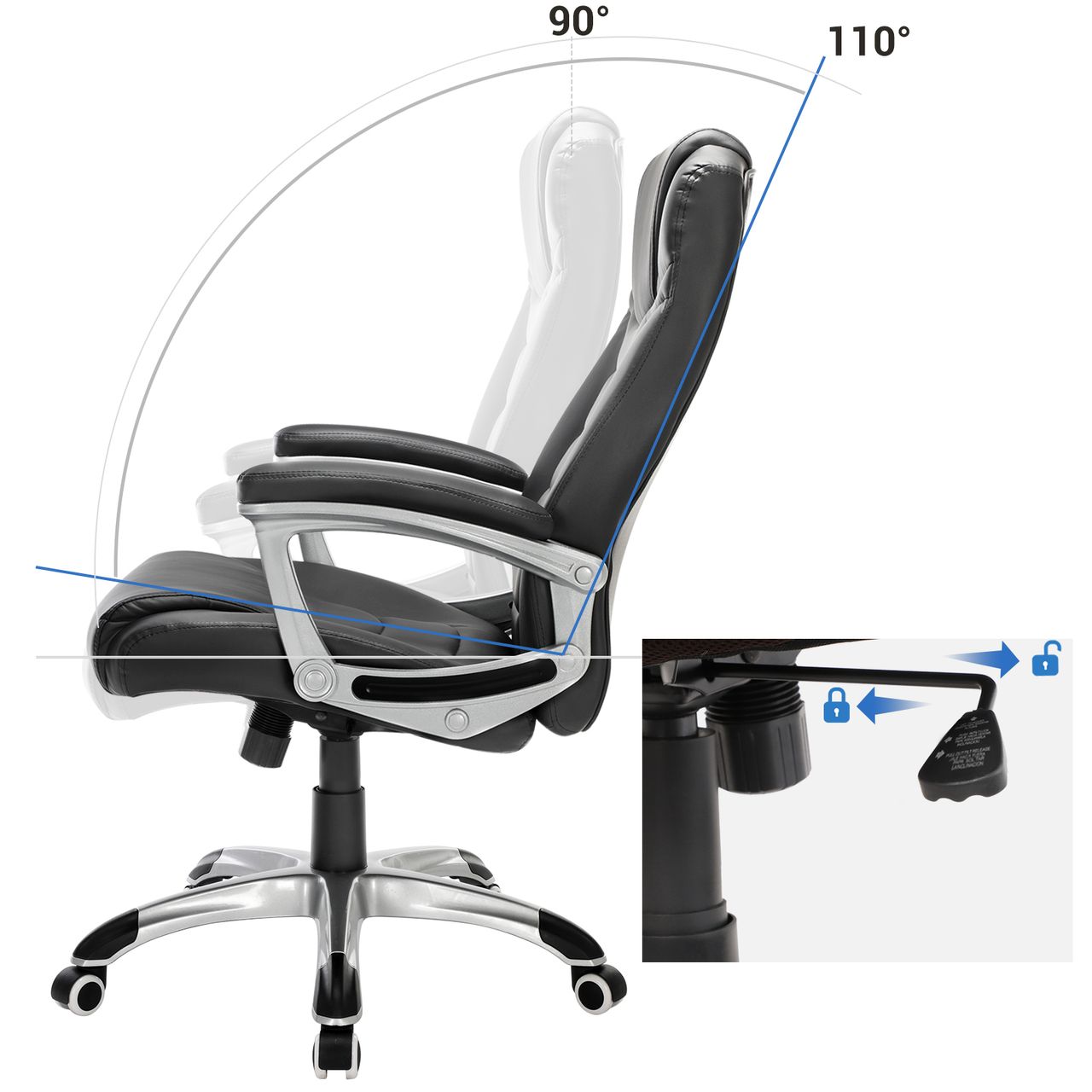 Songmics Bürostuhl, Schwarz, 52x53x(112-122)cm