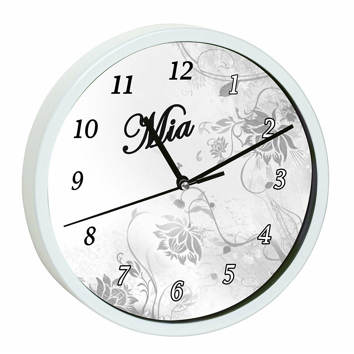 Kinder Wanduhr laufruhig personalisiert mit Name Blumenranke Grau