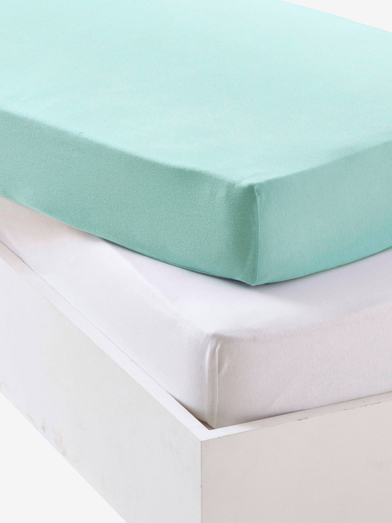 Lot de 2 draps-housses bébé en jersey extensible bleu vert + blanc