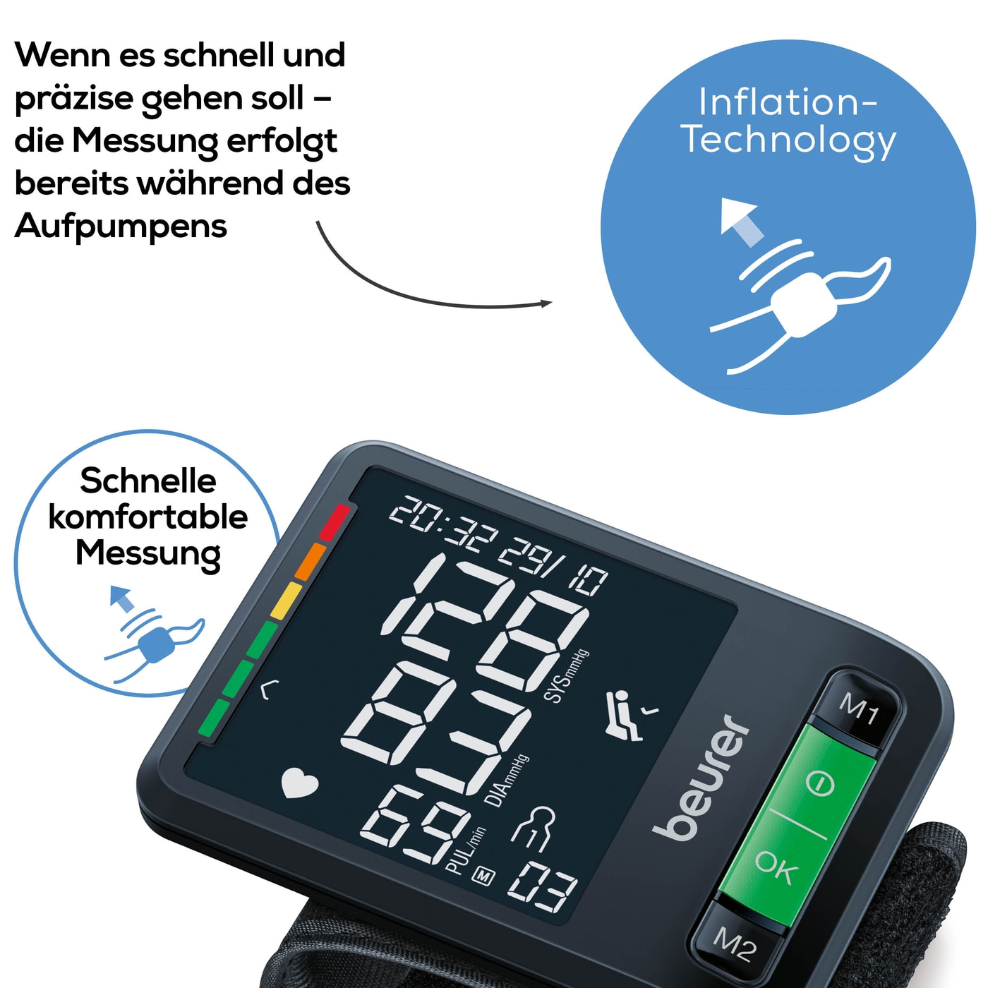 Beurer Handgelenk-Blutdruckmessgerät BC 87 <i>Bluetooth</i>®-Sanfter Druckaufbau und schnelle Messzeiten für komfortables Blutdruckmessen