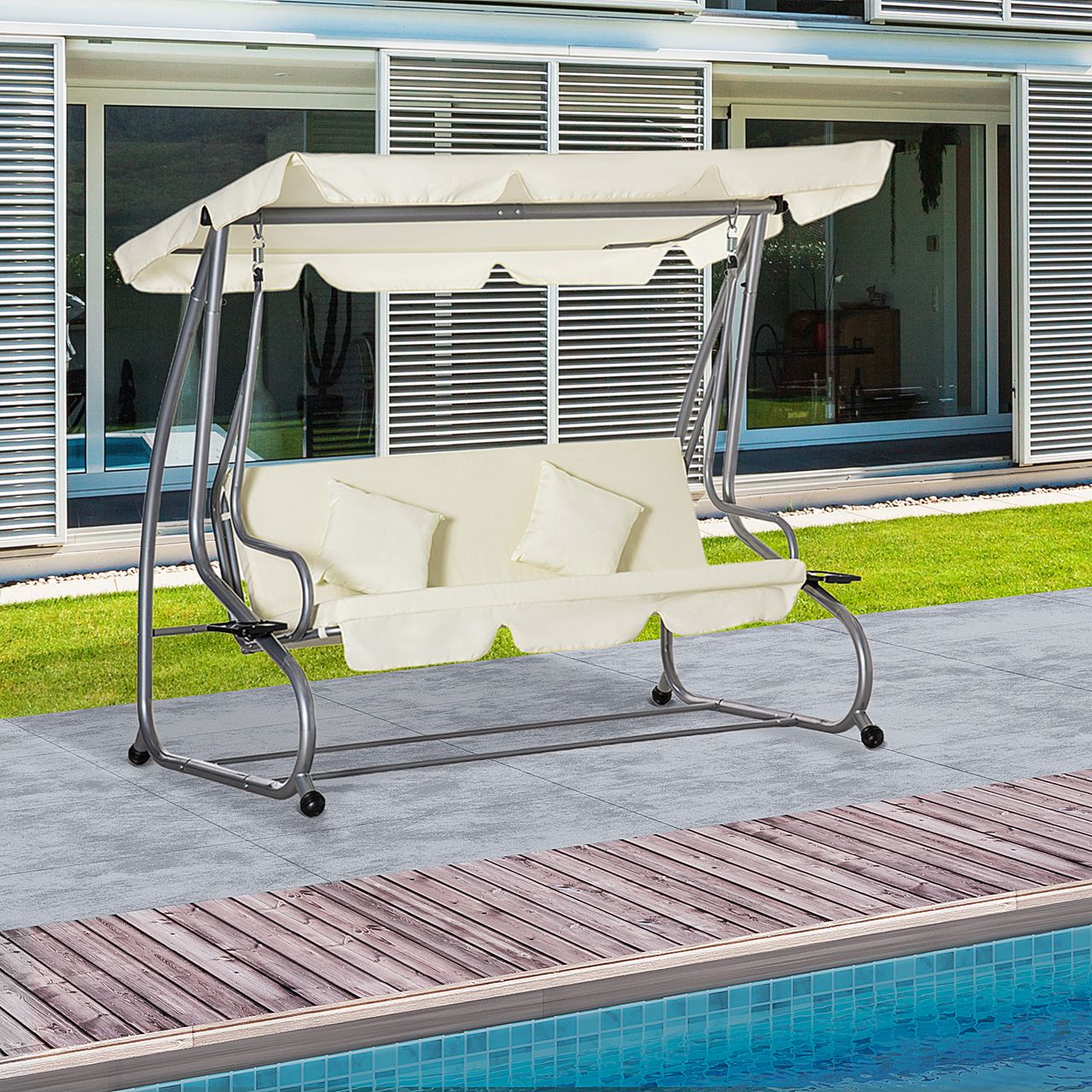 Outsunny Hollywoodschaukel Gartenschaukel 3-Sitzer Liegefunktion Stahl Beige