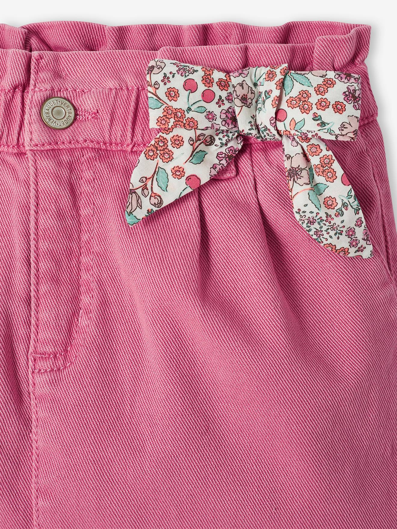 Jupe paperbag fille avec noeud fantaisie fleuri rose bonbon