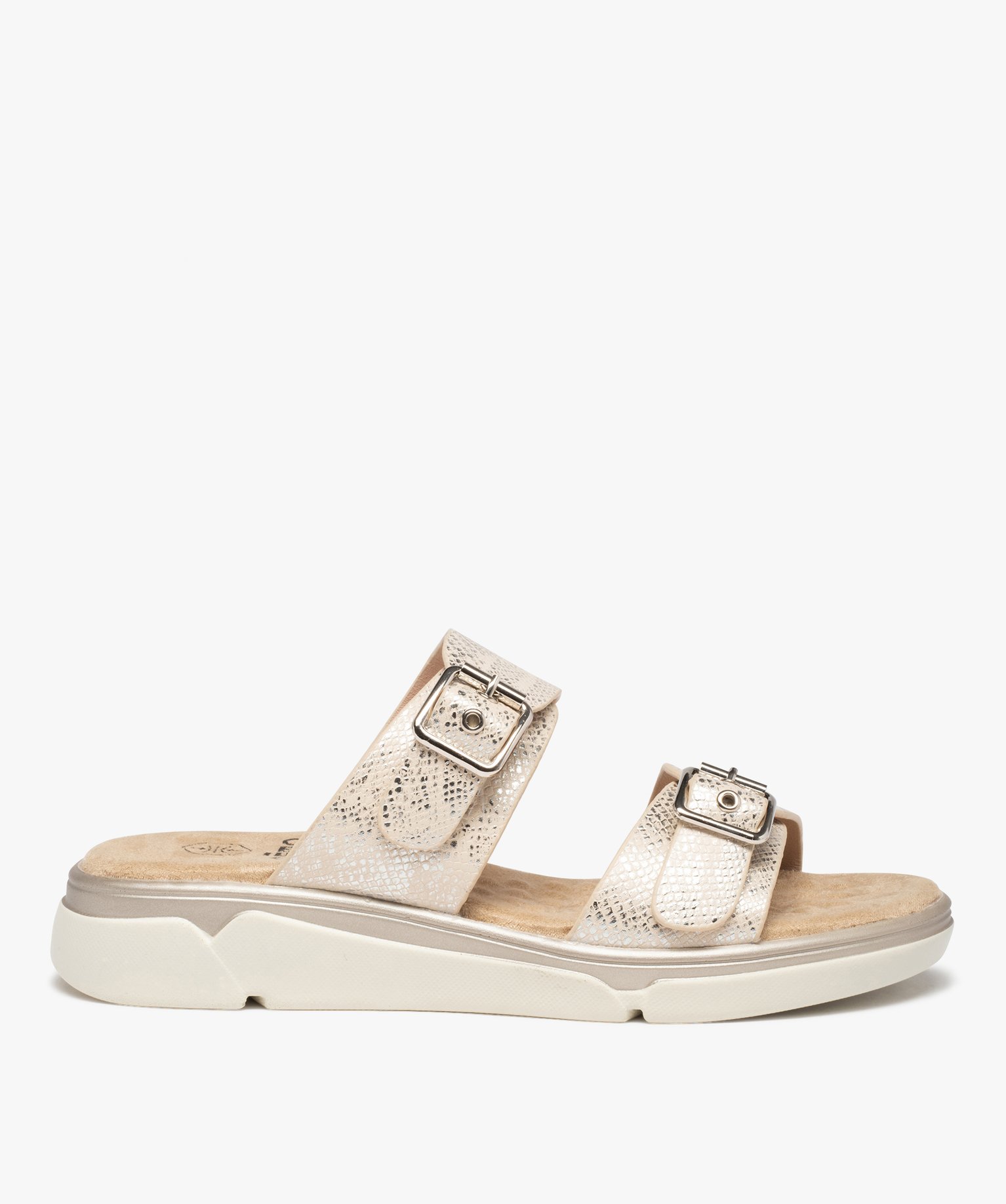 Mules femme confort à brides métallisées ajustables beige | GEMO