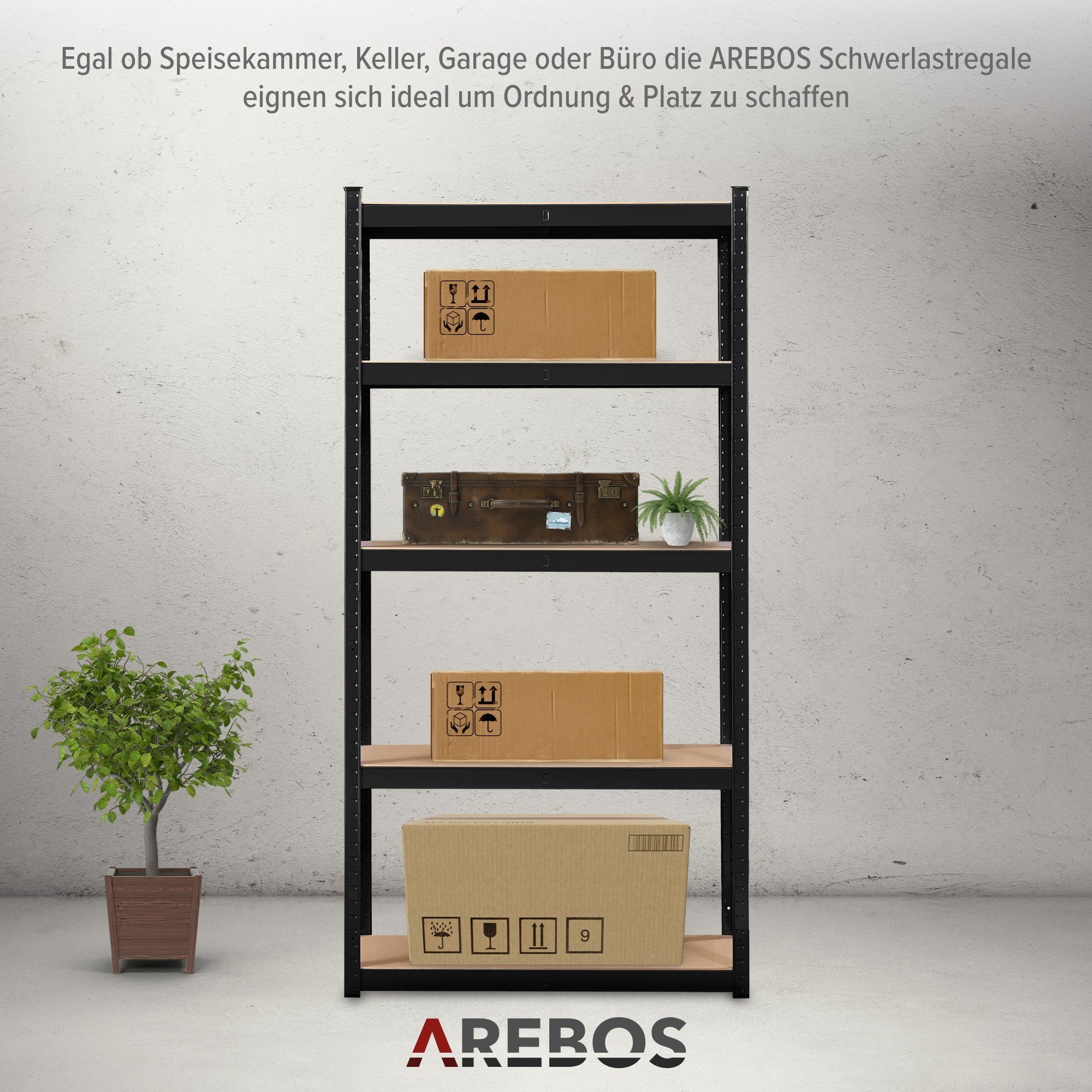 Arebos Schwerlastregal 180 x 90 x 40 cm Kellerregal Steckregal Lagerregal, Set 2-tlg.