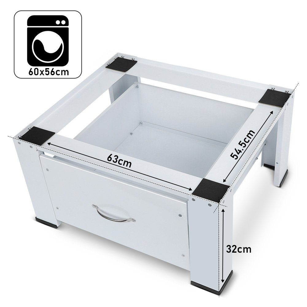 XIIW Waschmaschinenuntergestell 63cm Waschmaschinen Untergestell aus Stahl Höhe 32cm mit Schubladen, Zubehör für Kühlschrank Trockner Gefrierschrank Bis 150kg, Waschmaschinensockel Rutschfesten Podest Erhöhung Unterbau