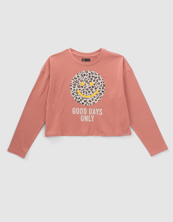 T-shirt terracotta sourire fond léopard fille