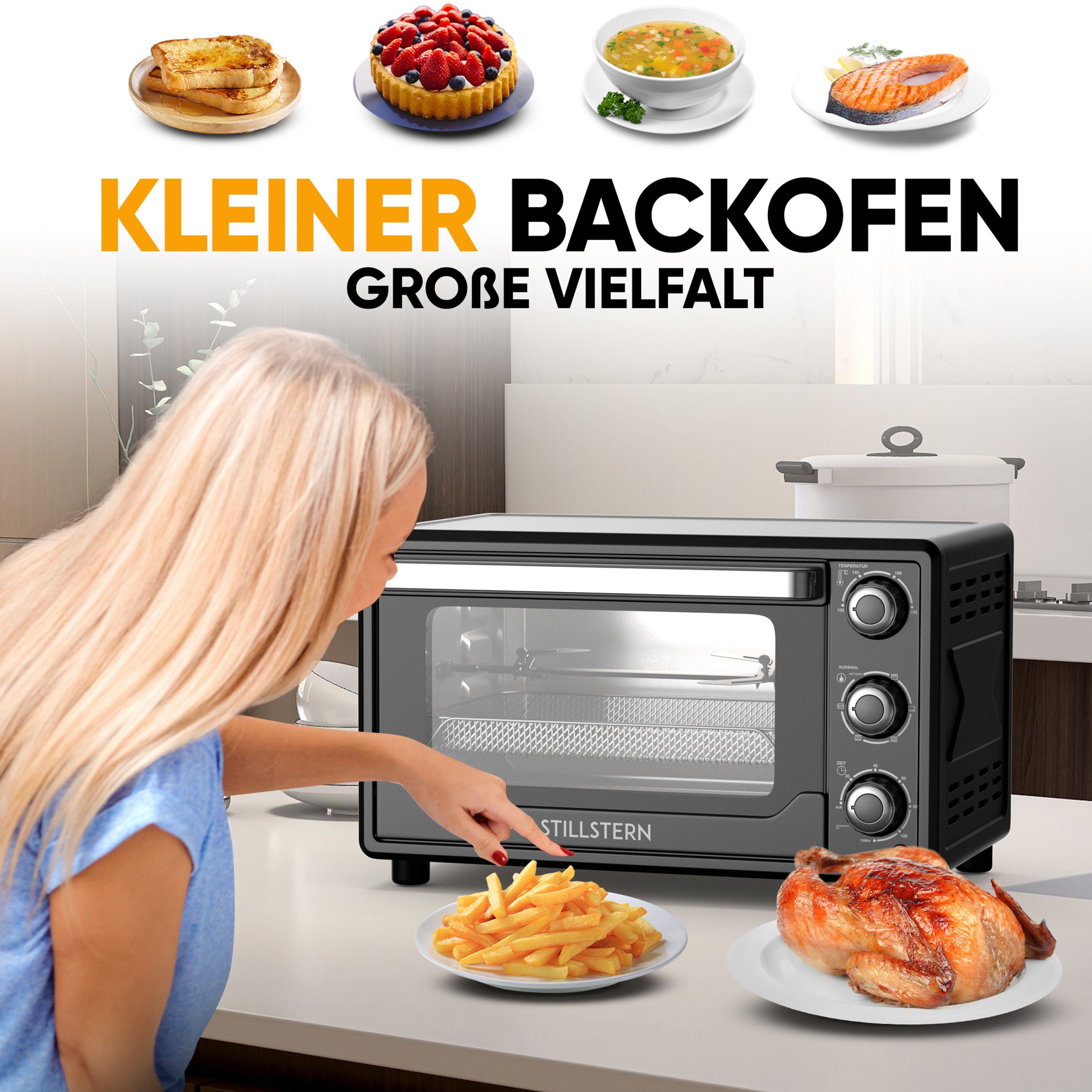 Stillstern Minibackofen MB25-MX 2G (25L) Deutsche Version, Ofenhandschuhe, Rezeptheft, Drehspieß, Timer, Innenbeleuchtung