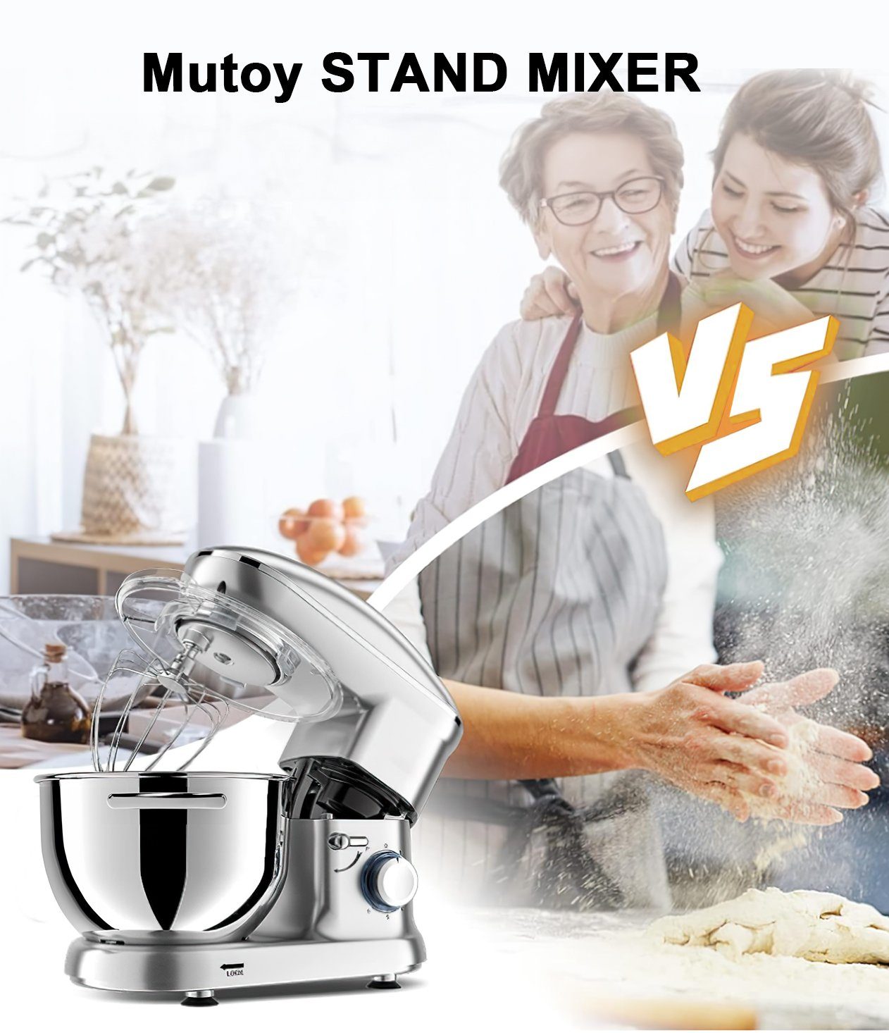 Mutoy Küchenmaschine Knetmaschine, 1400,00 W, 6,00 l Schüssel, 6 Geschwindigkeiten Geräuscharme Teigknetmaschine