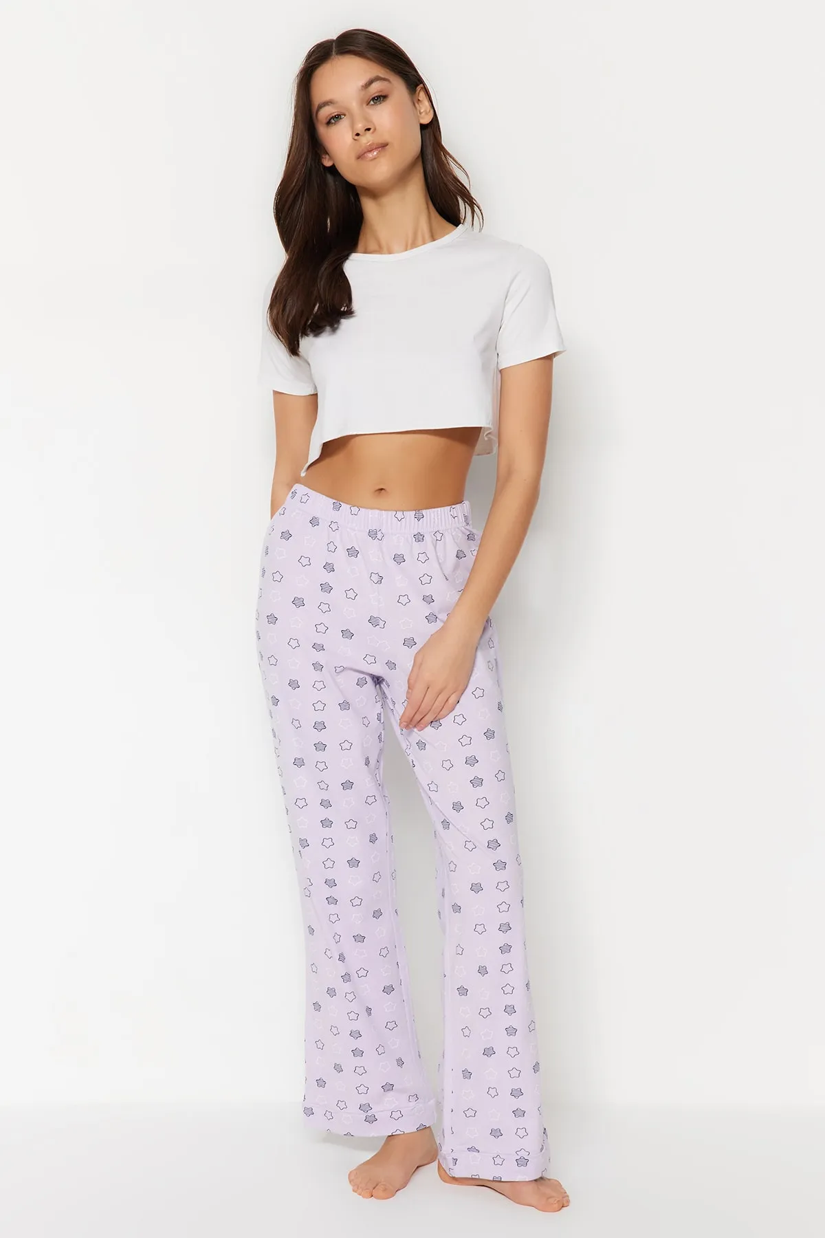 Trendyol Collection  Gestrickte Pyjamahose aus Baumwolle mit Sternenmuster in Flieder THMSS23PJ00003