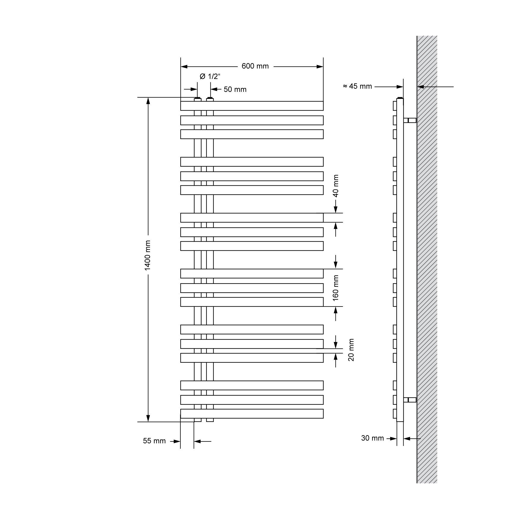 LuxeBath Badheizkörper Designheizkörper Badheizkörper IronEM Paneelheizkörper Flachheizkörper, Schwarz matt 600x1400mm inkl. Montage-Set