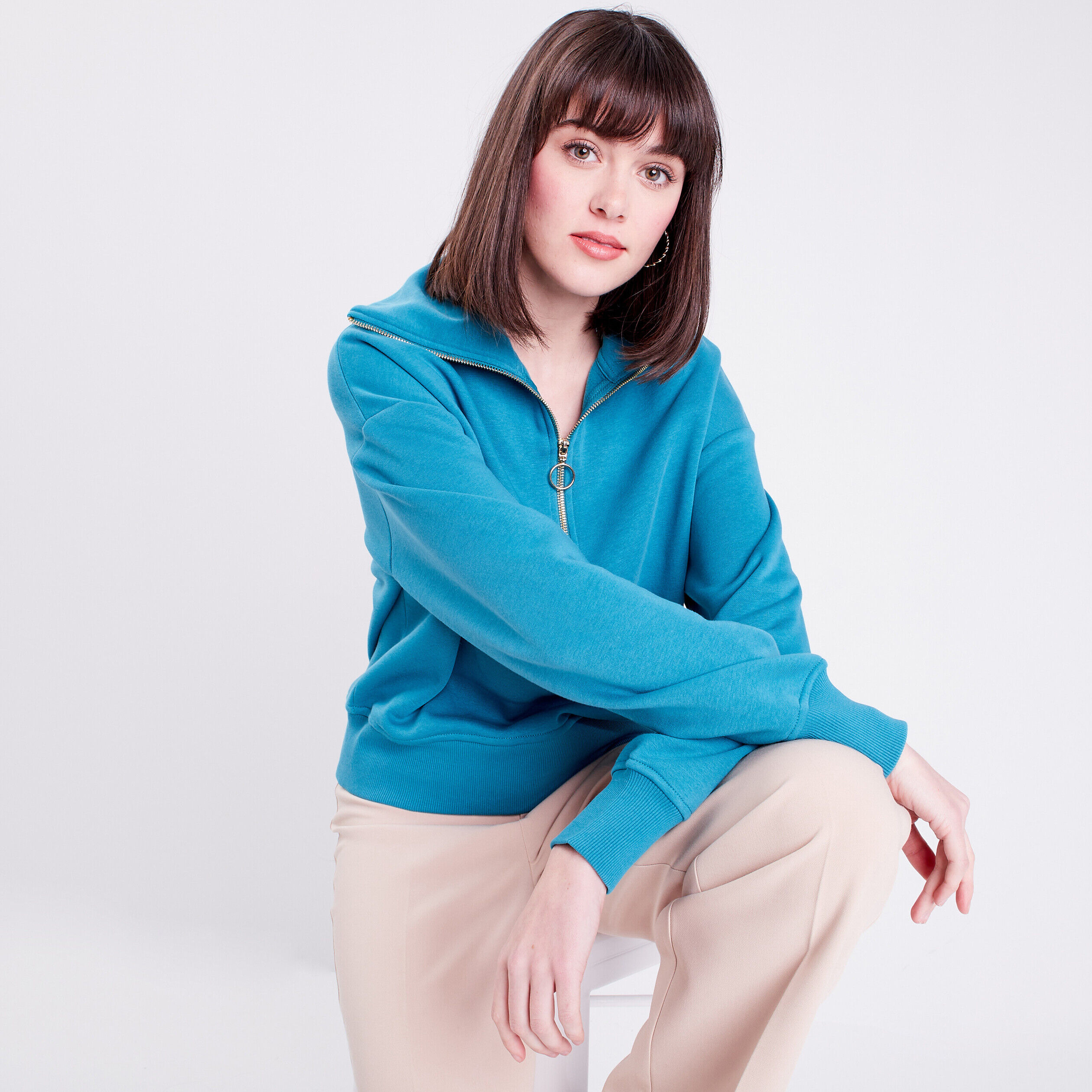 Sweat à col montant avec zip bleu canard femme | Cache Cache