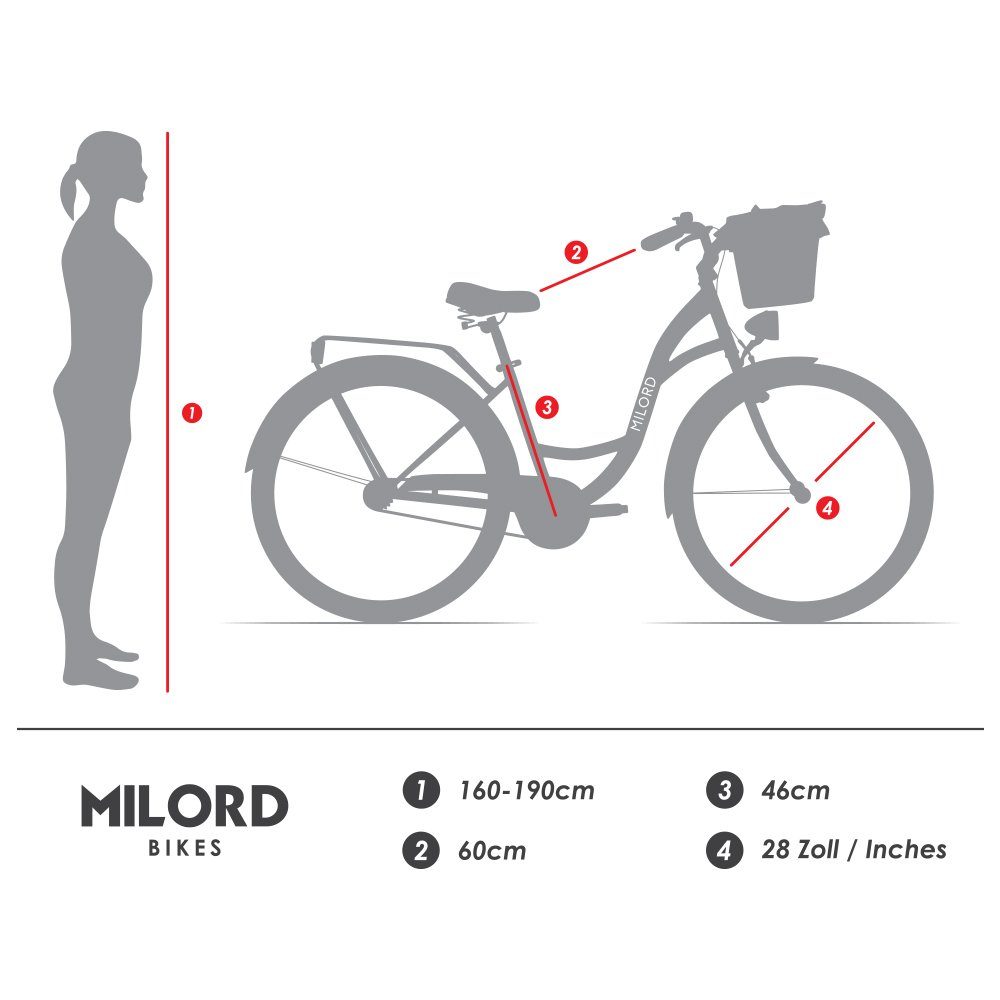 MILORD BIKES Cityrad Milord City Fahrrad Korb Damen, 28/26 Zoll, Schwarz-Creme, 3-Gang, 3 Gang, Nabenschaltung