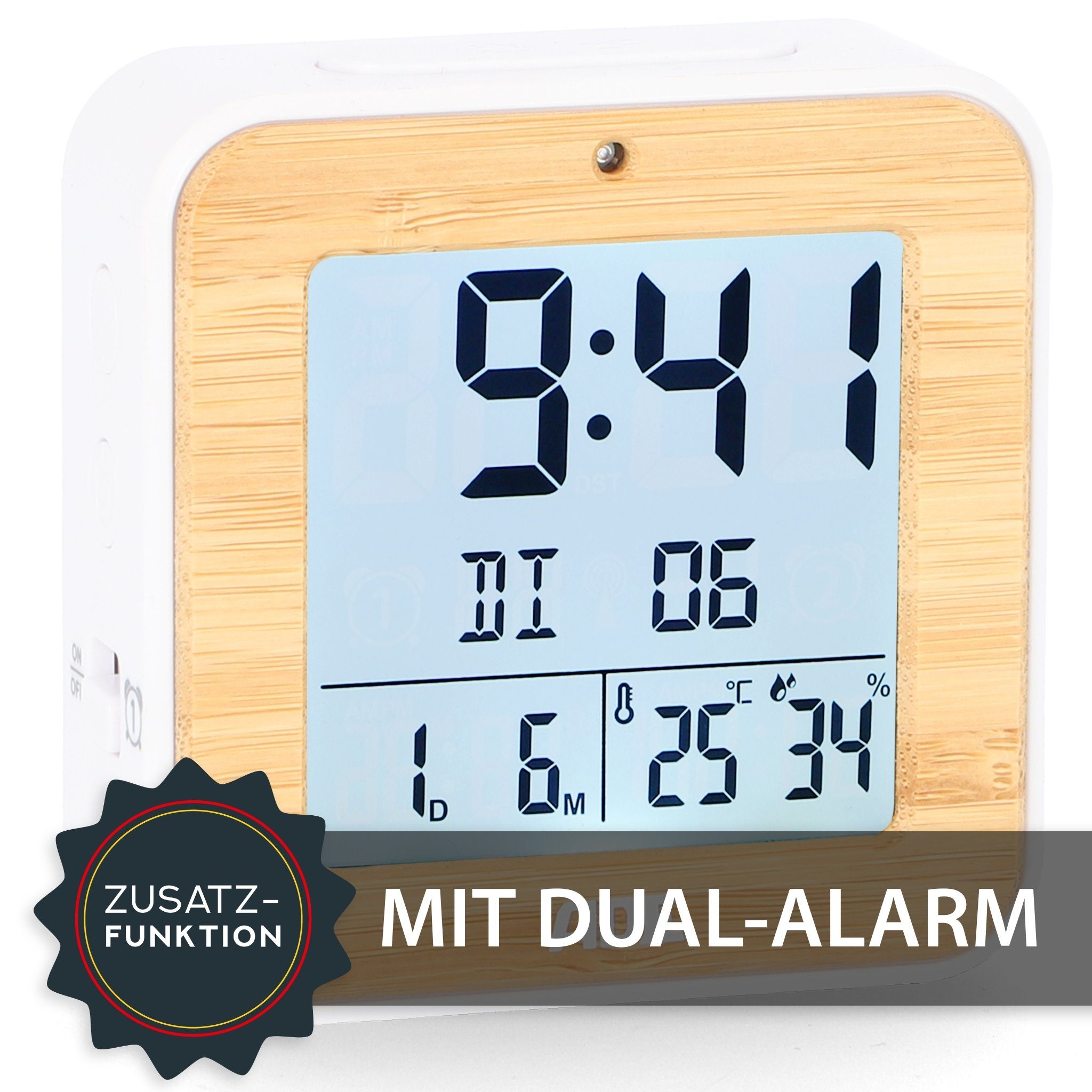 ADE Funkwecker Wecker digital funk mit Temperatur und Luftfeuchtigkeit automatischer Lichtsensor, 2 Weckzeiten, Schlummerfunktion