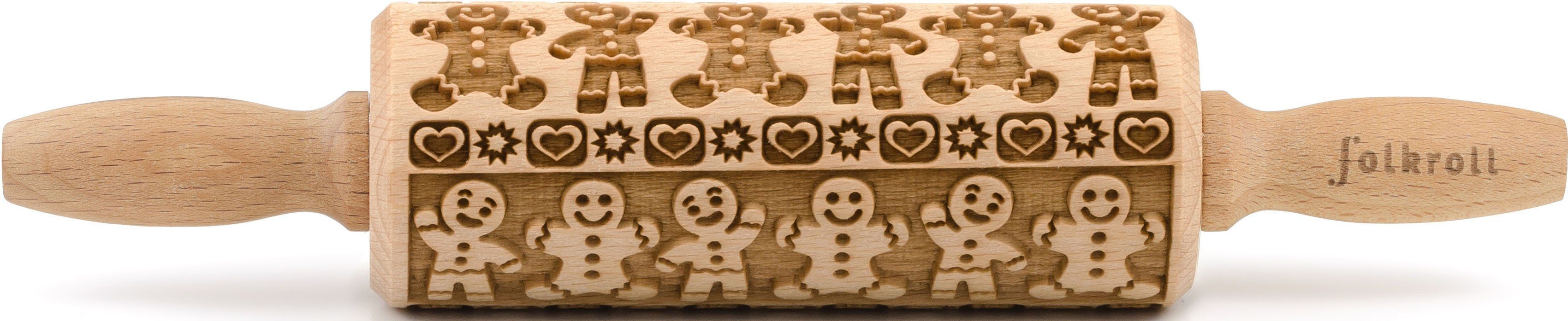 folkroll Teigroller 3D-Motiv-Teigrolle Buchenholz, Lebkuchenmann