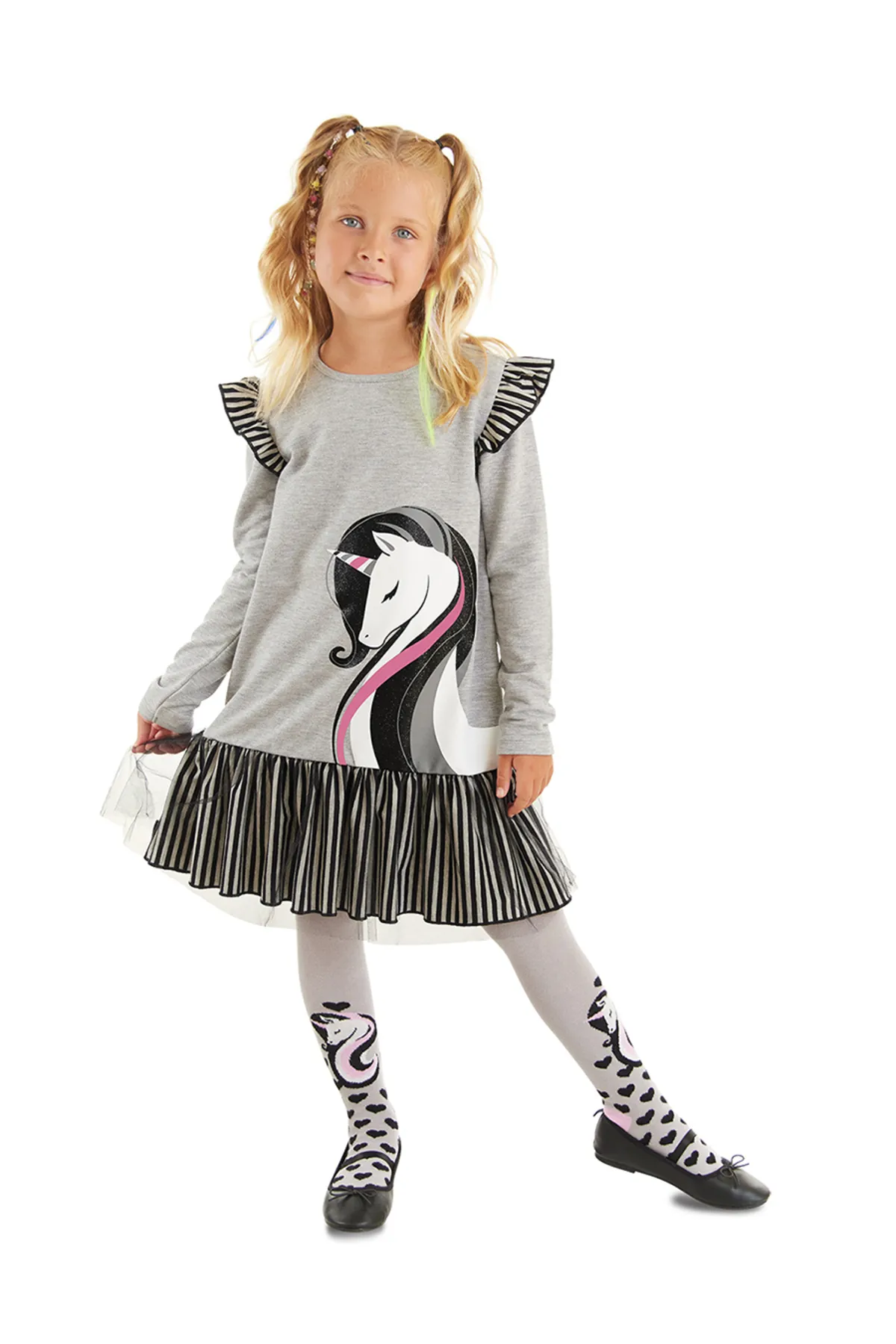Denokids  Elegantes graues Einhorn-Mädchenkleid