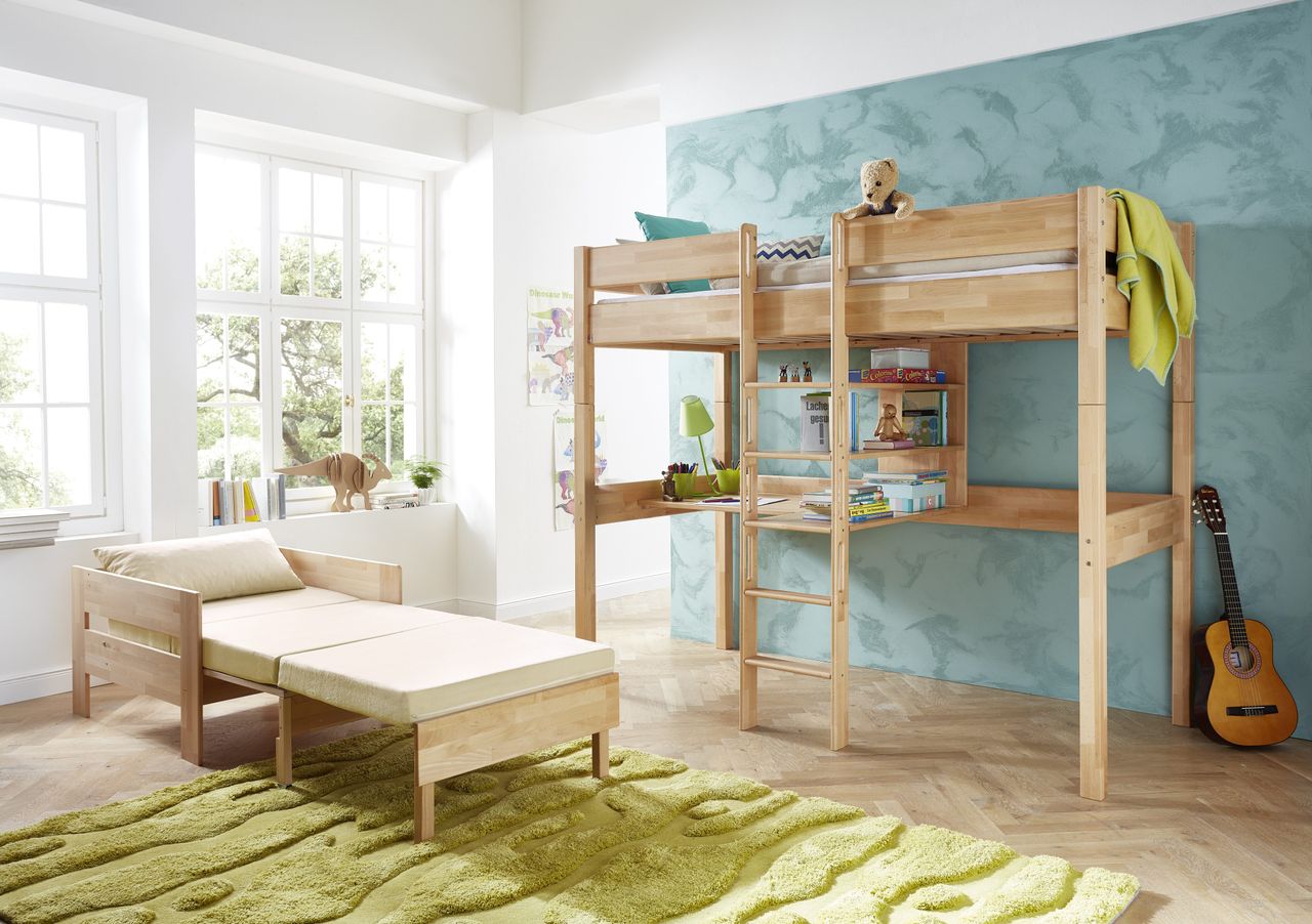 Relita Etagenbett NOEL inkl. Zusatz-Sessel mit Sitzkissen beige, Buche massiv natur lackiert