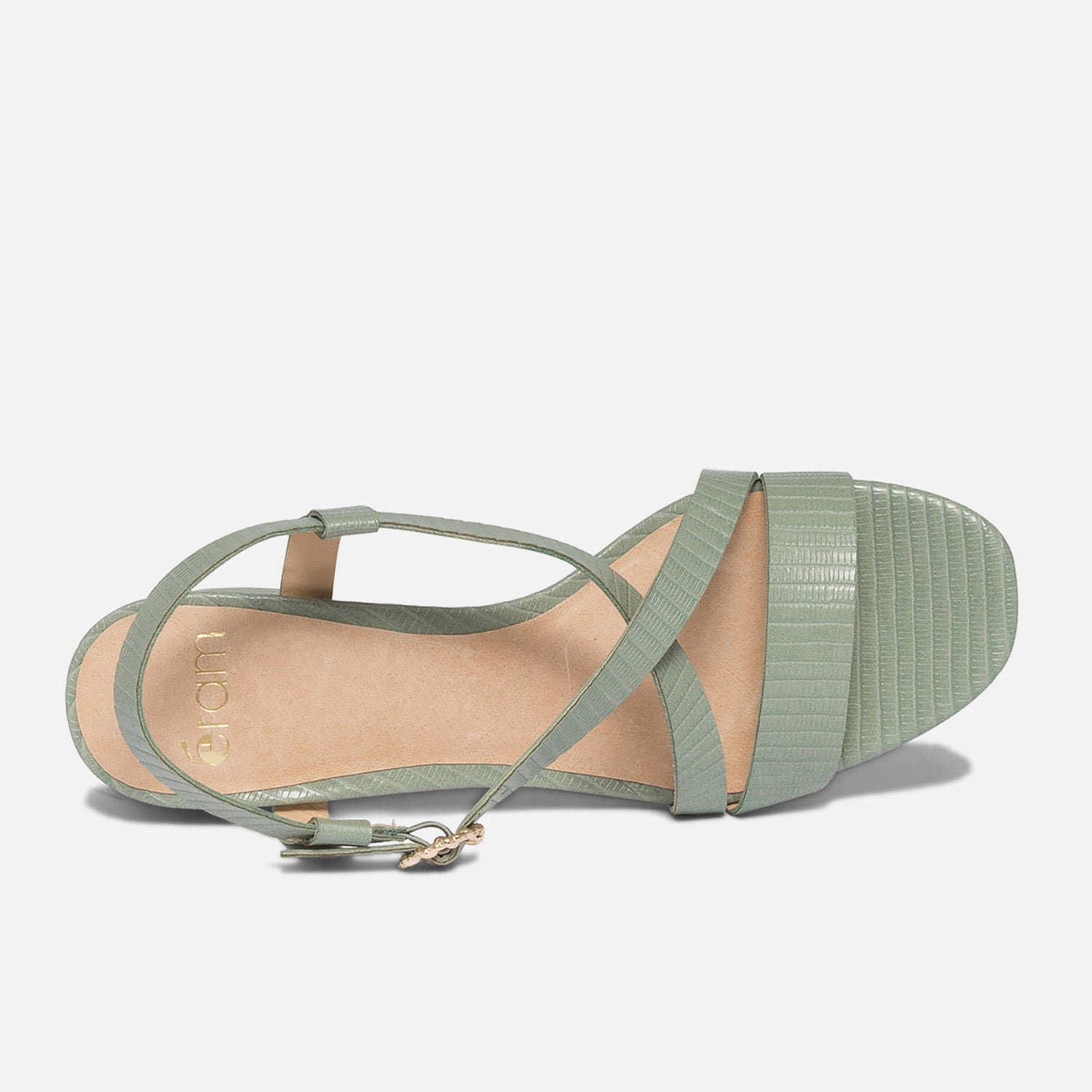 Sandale à talon vert sauge en cuir embossé effet python