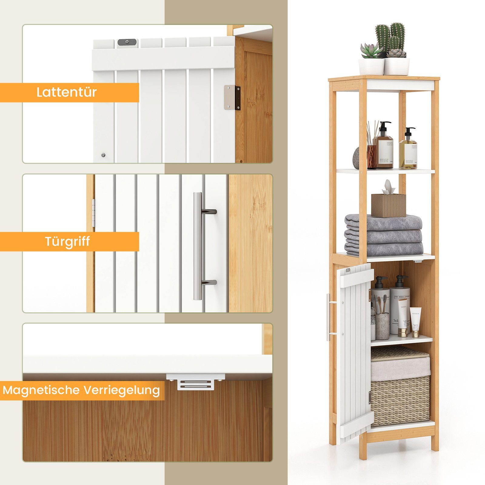 COSTWAY Badkommode Badezimmerschrank, schmal, aus Bambus, 129cm