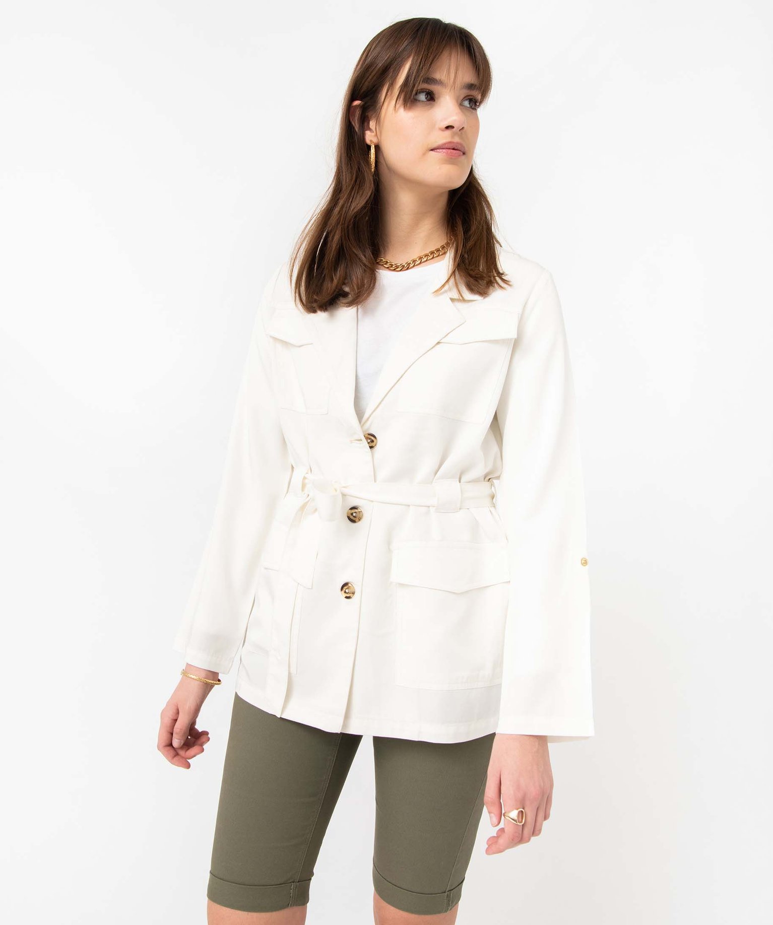 Veste femme en Lyocell avec ceinture blanc | GEMO