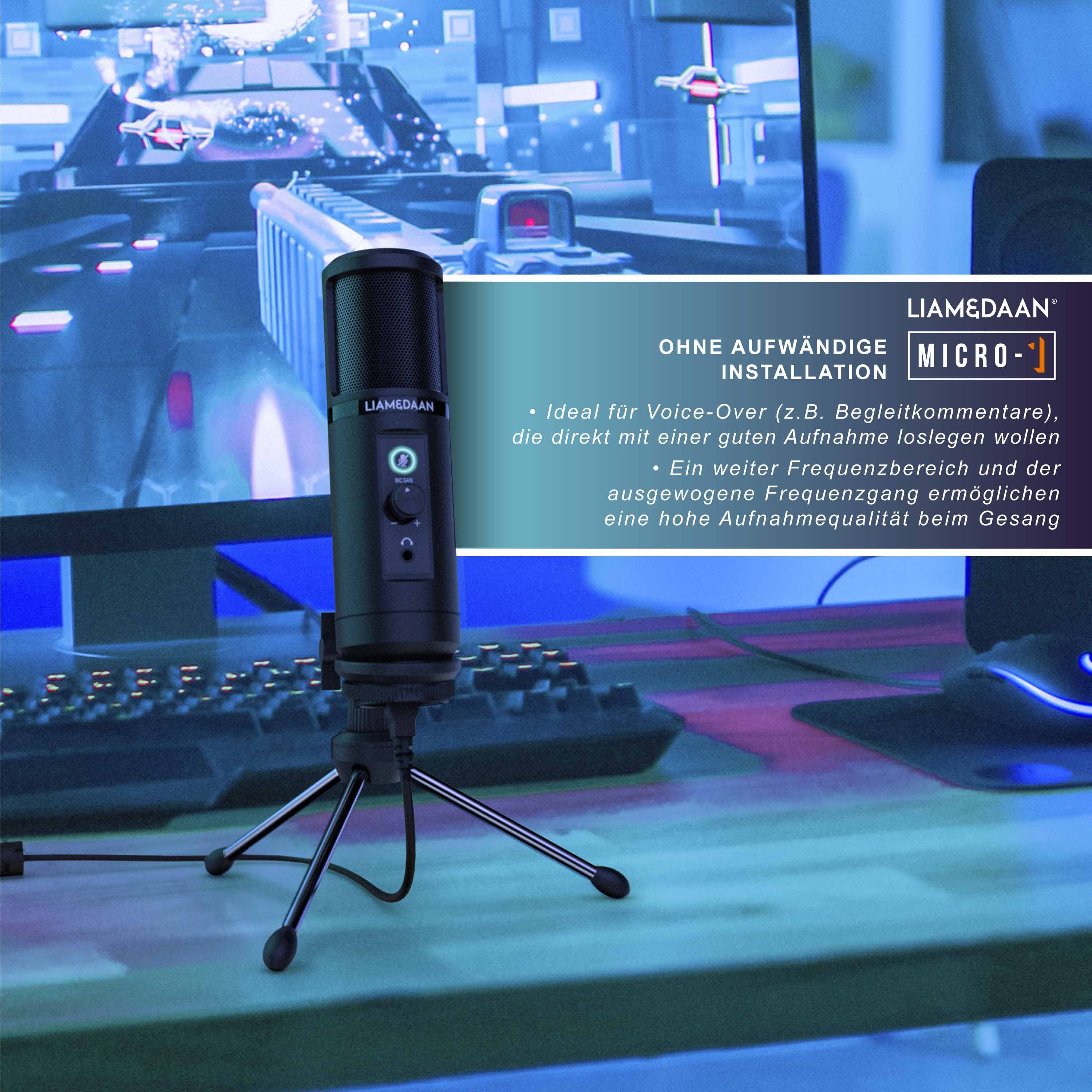 LIAM&DAAN Streaming-Mikrofon, Podcast, Monitorfunktion & Dreibeinstativ 192 kHz - 20 Hz bis 20 kHz