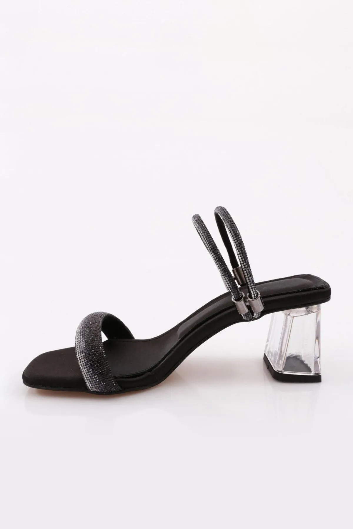 DGN  901 Damen - Schwarze Satin-Sandalen mit transparentem Absatz und quadratischer Zehenpartie