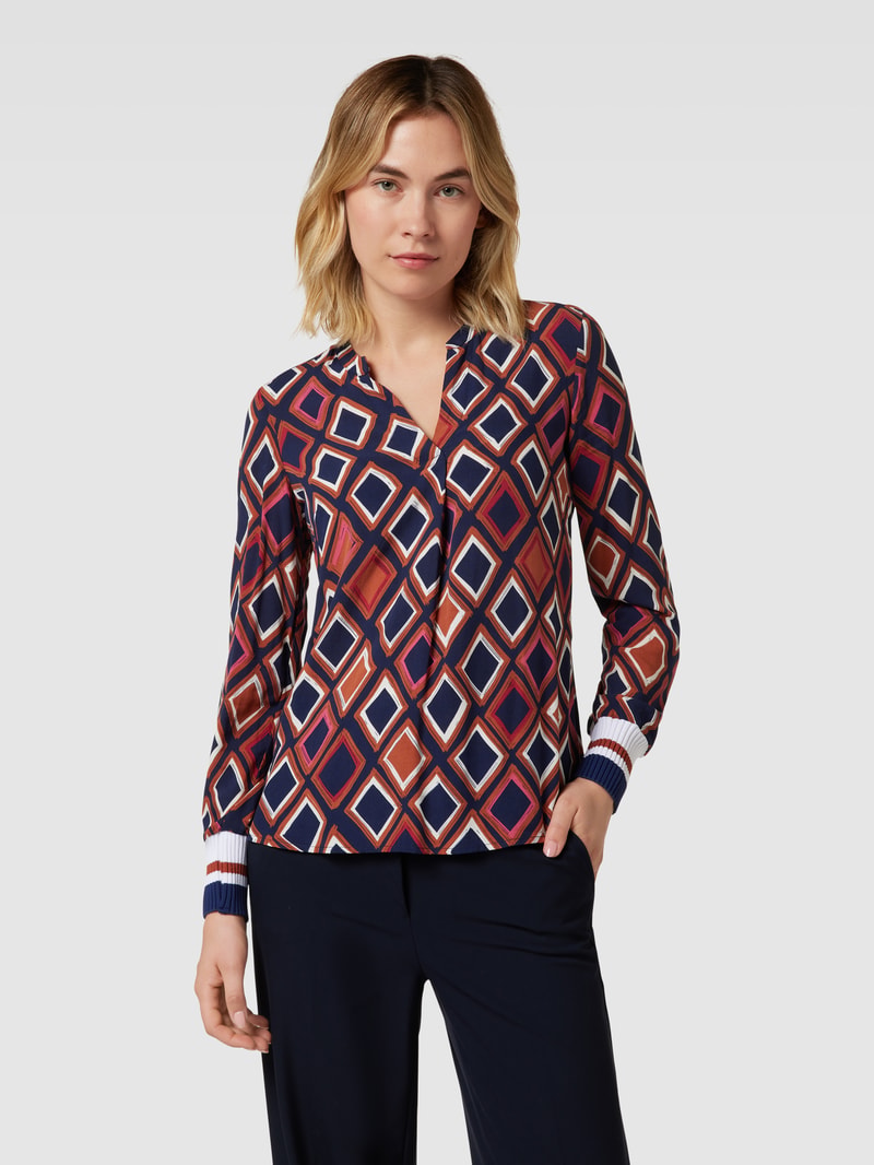 Blusenshirt mit Allover-Muster und gerippten Ärmelabschlüssen in marineblau