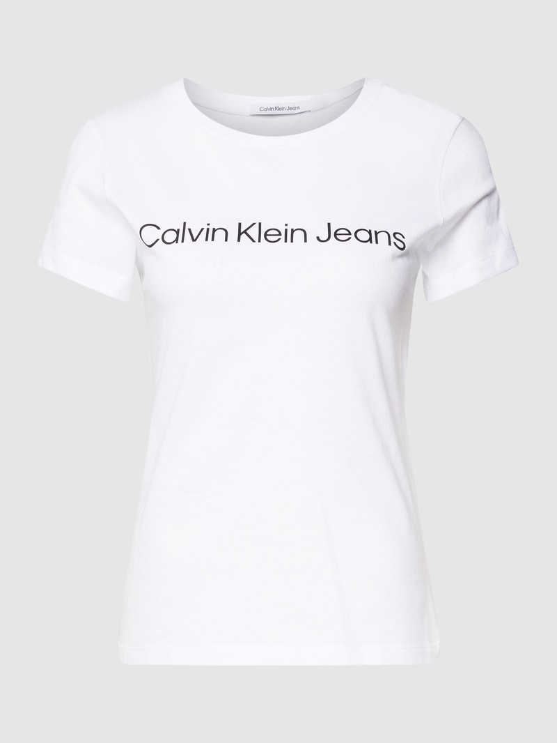 Slim Fit T-Shirt mit Label-Print in weiß