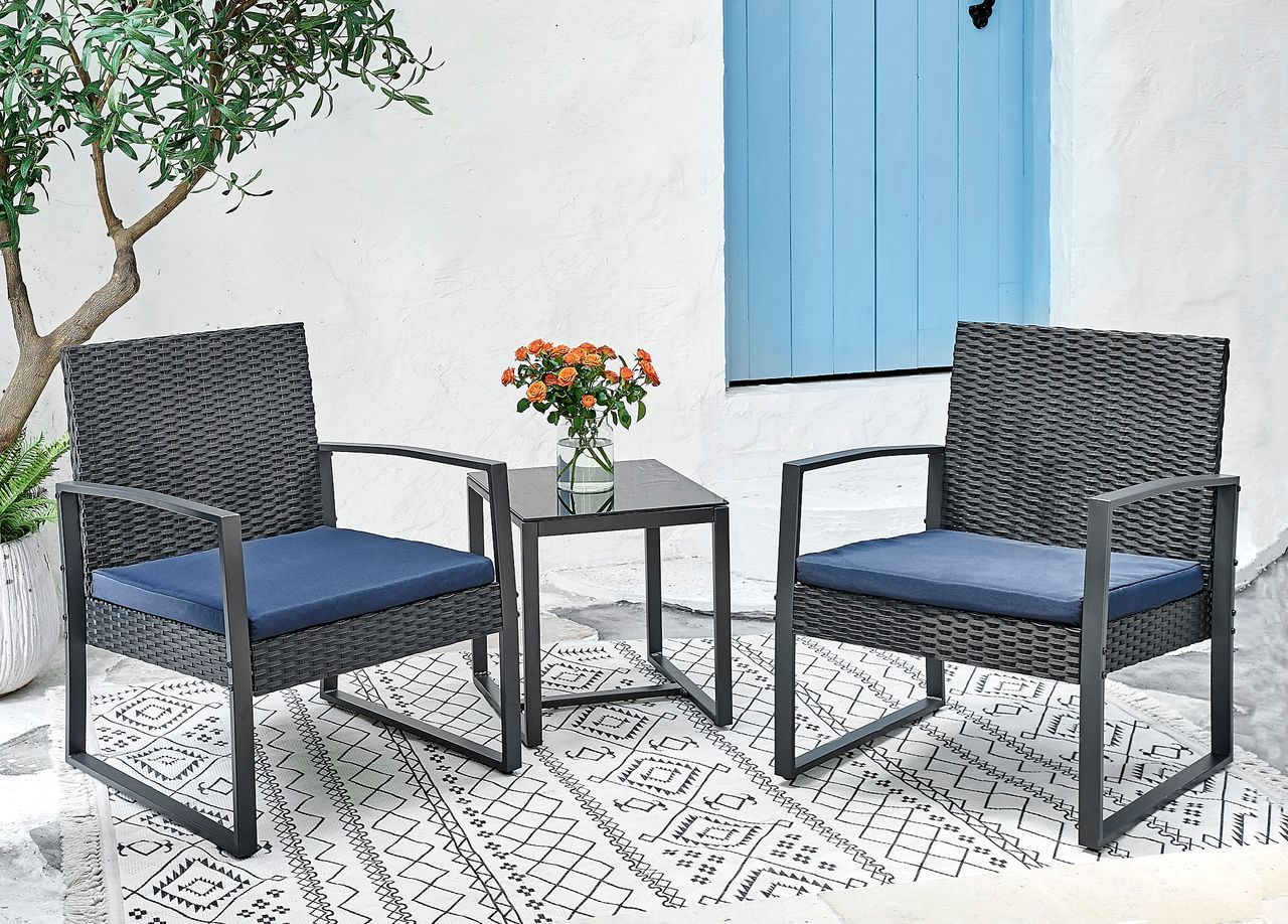 Happy Home Happy Home Bistro-Set 3 tlg. HGE47-SDB schwarz mit dunkelblauen Sitzkissen