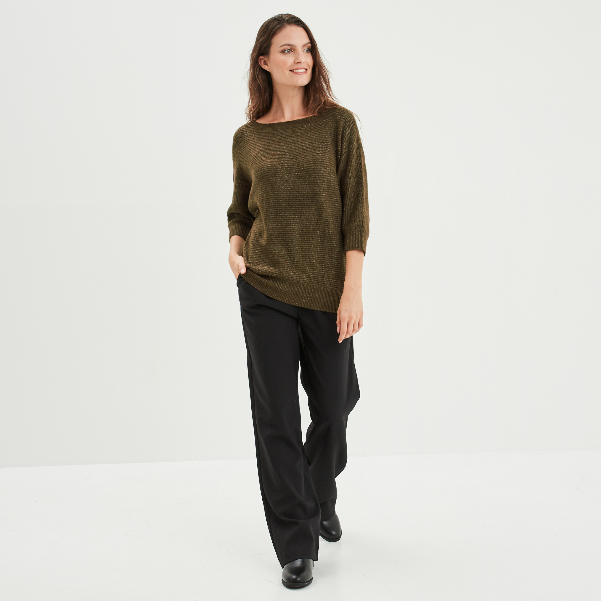 Pull manches 3 4 vert kaki femme | La Halle