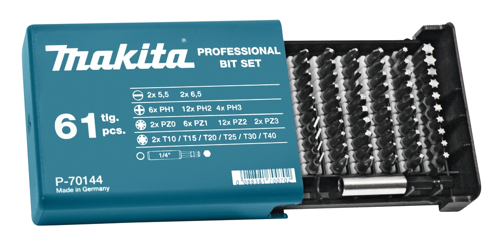 Zestaw bitów Makita Accessories P-70144, 61 elementów, w wysokiej jakości plastikowym pudełku.