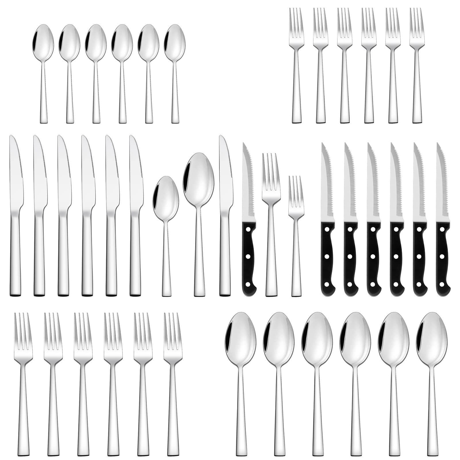 Tisoutec Besteck-Set Besteck Set für 6 Personen,36teiliges Edelstahl Essbesteck&Steakmesser, Elegantes/Modernes Besteckset,Besteck Set für Restaurant,Hotel,Zuhause