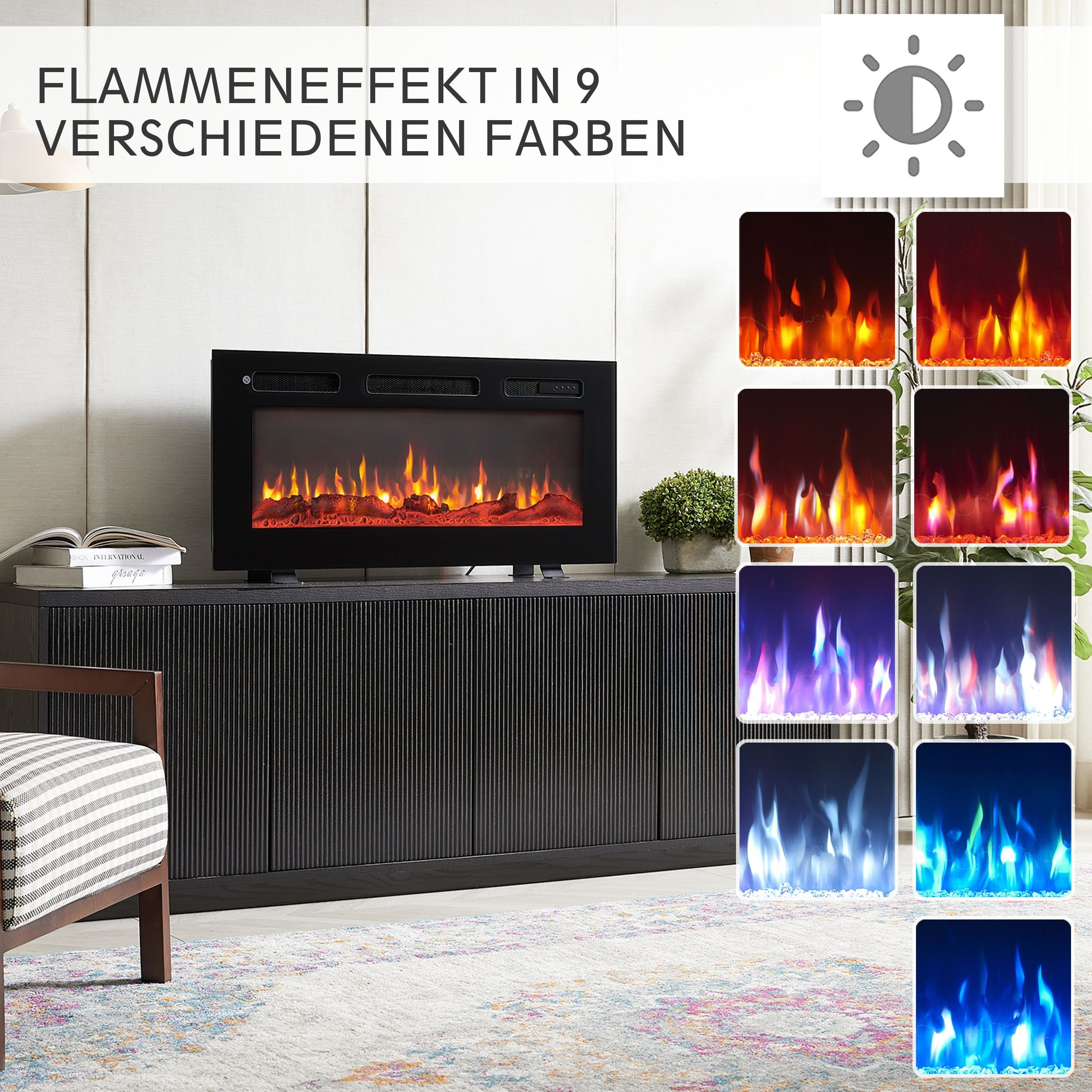 Balderia Elektrokamin Leif, 3 in 1 Stand-, Wand- oder Einbaukamin mit Heizung 1800W, realistischer 3D-Flammeneffekt, Fernbedienung, Timer, Thermostat