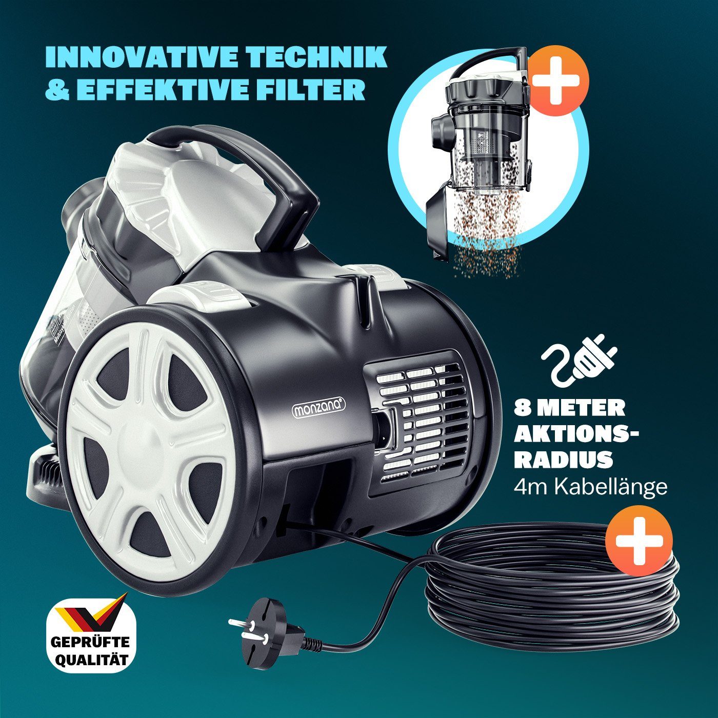 monzana Bodenstaubsauger, 900 W, ohne Beutel, 900W Beutellos 1,5L Behälter Bodenstaubsauger Kompakt HEPA Filter