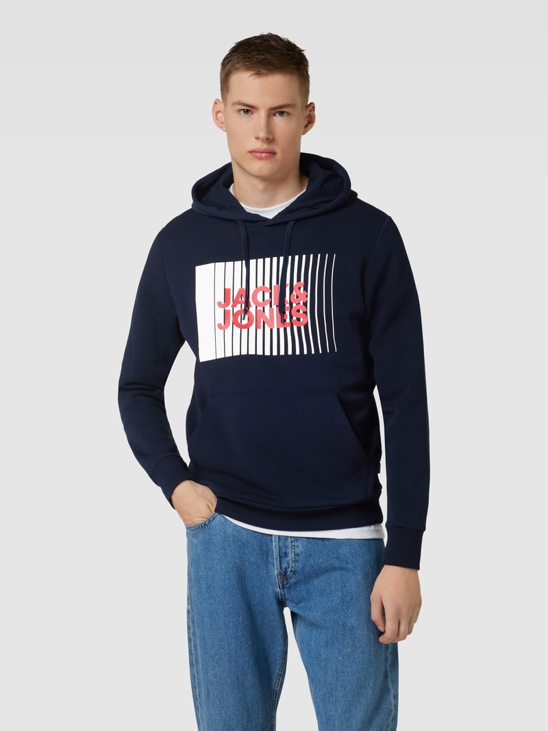 Hoodie mit Label-Print Modell 'ECORP' in dunkelblau
