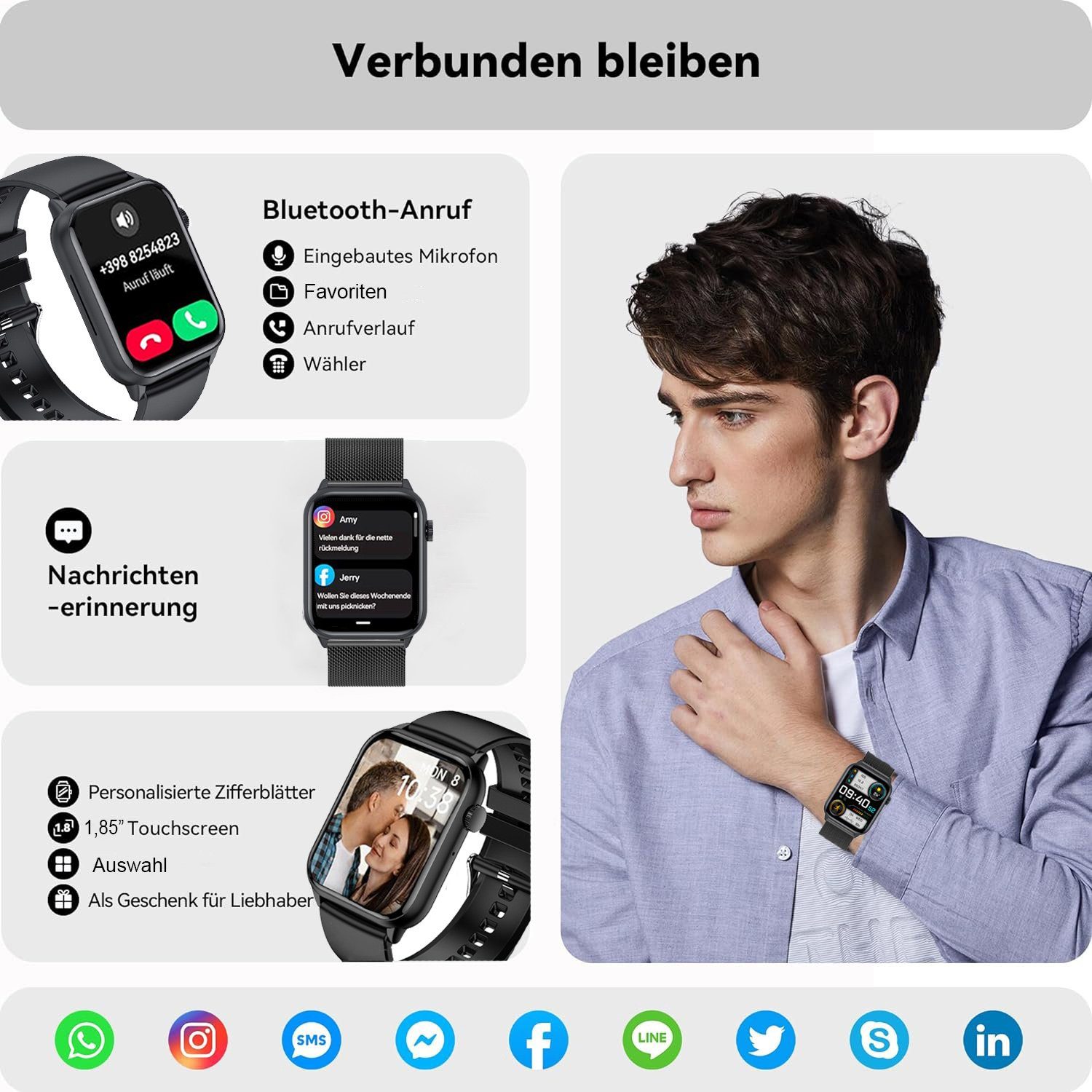 Mutoy Smartwatch,Fitness Tracker Uhr für Damen Herren mit Anruffunktion Smartwatch Gesundheits-Uhren mit Herzfrequenz,Blutsauerstoff, Blutdruckmessung, Schlafüberwachung, Schrittzähler, AI Sprachassistent, Musiksteuerung und SNS-Benachrichtigung, IP6