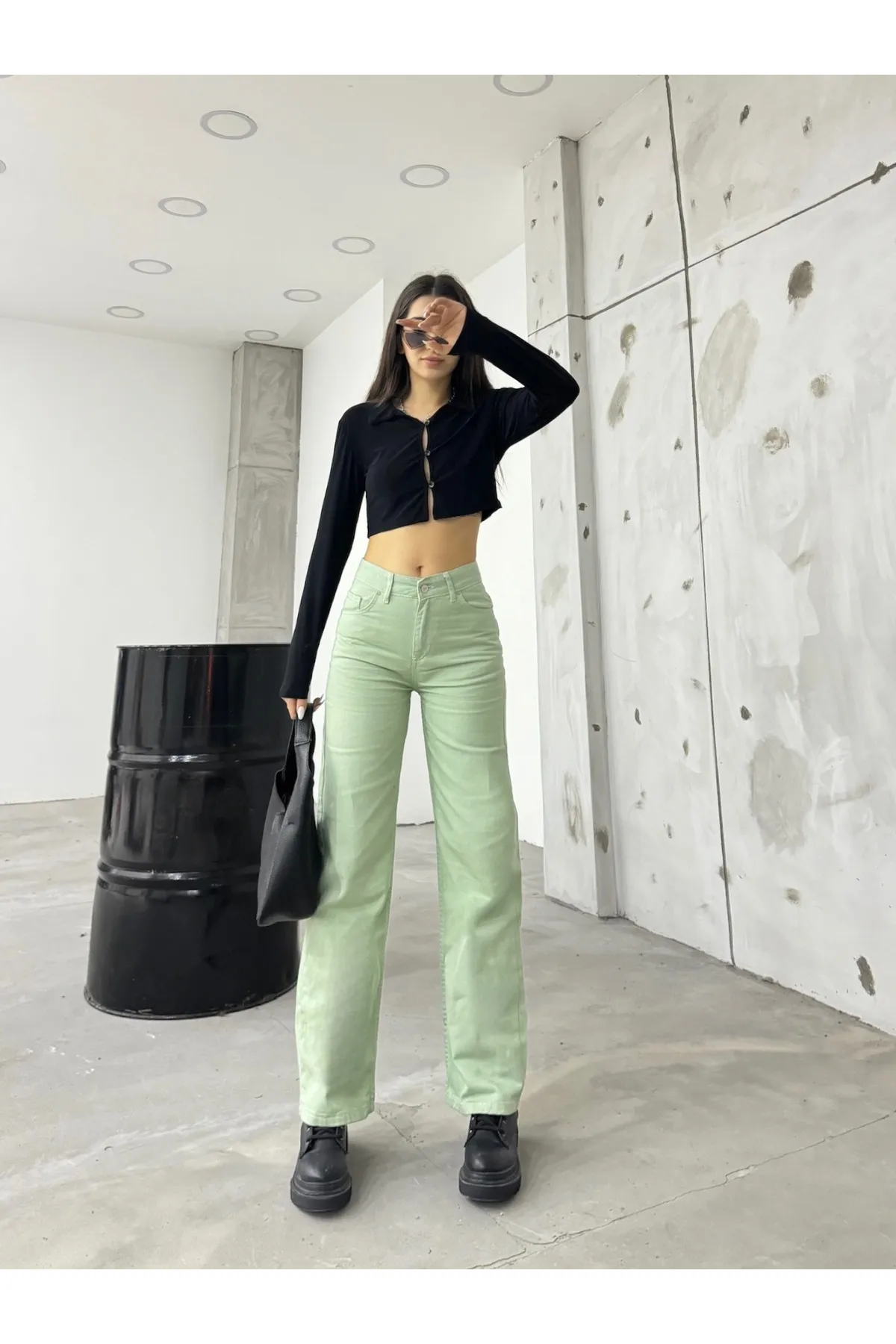 BİKELİFE  Aquagrüne Palazzo-Hose mit weitem Bein und hoher Taille für Damen