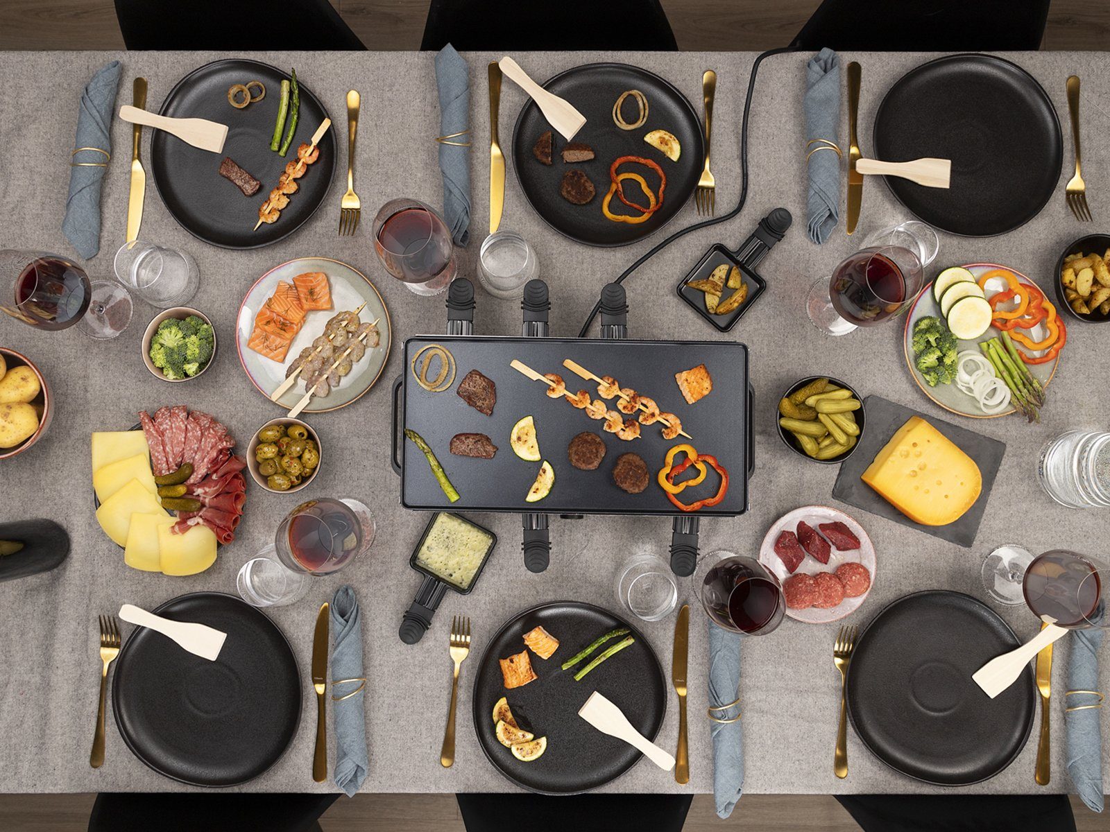 Setpoint Raclette, Großer XL Tischgrill eckig für 2-8 Personen, Raclet Gerät mit 8 Gabeln