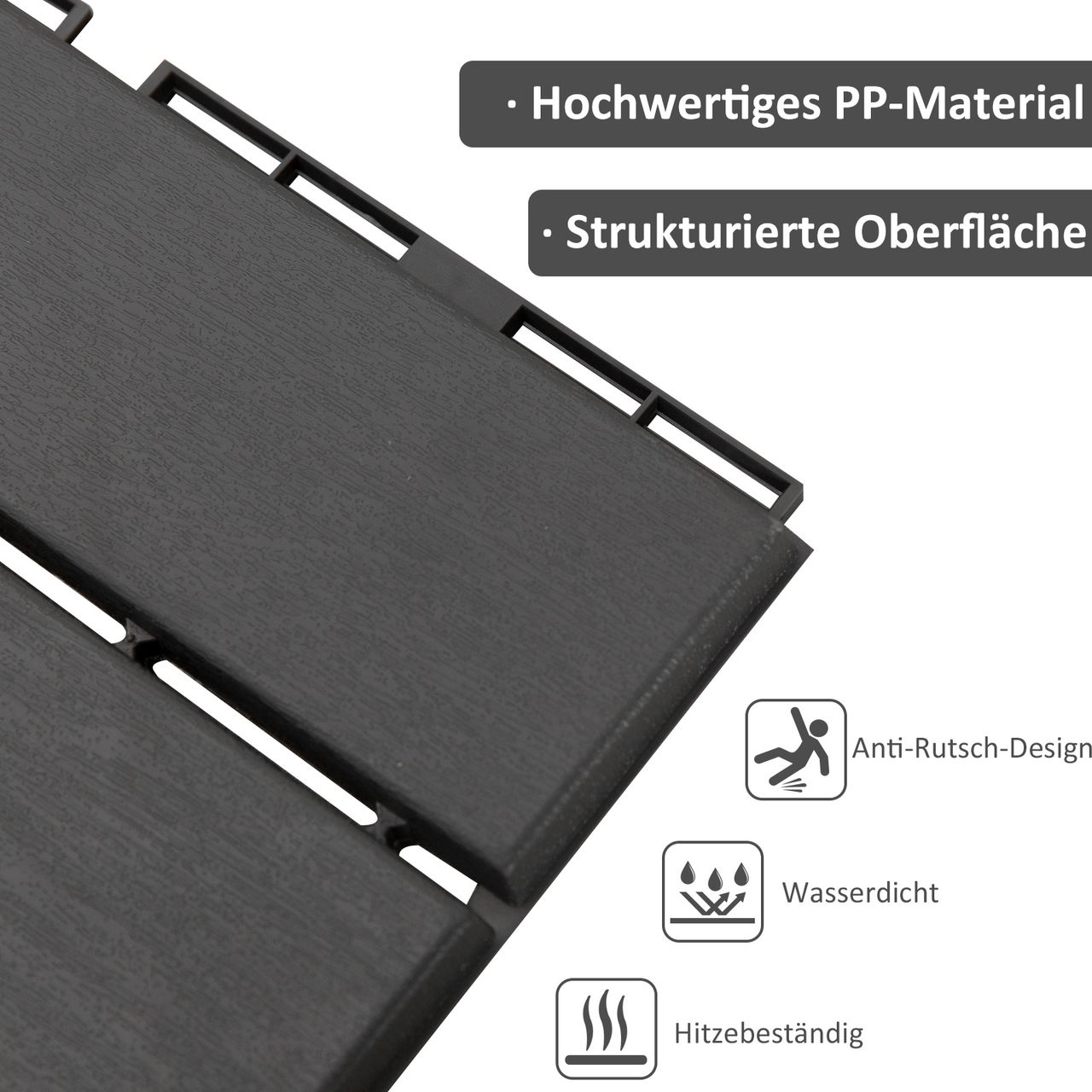 Outsunny 9 er Set Terassenfliesen Balkon Patio 30 x 30 cm Garten-Klickfliese Bodenbelag Bodenfliese Innen Außen Kunststoff Schwarz