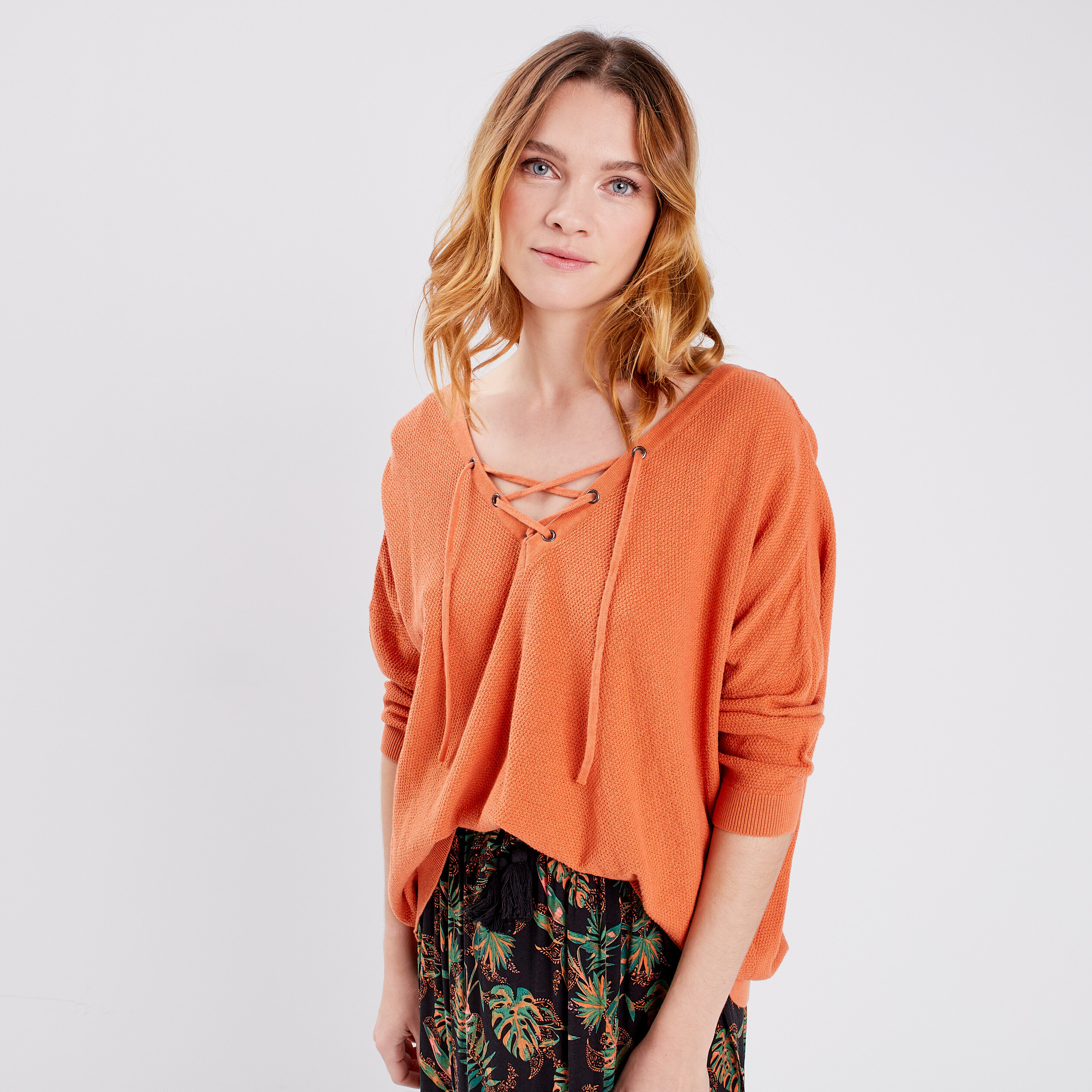 Pull manches 3 4 col lacet Liberto orange corail femme | La Halle